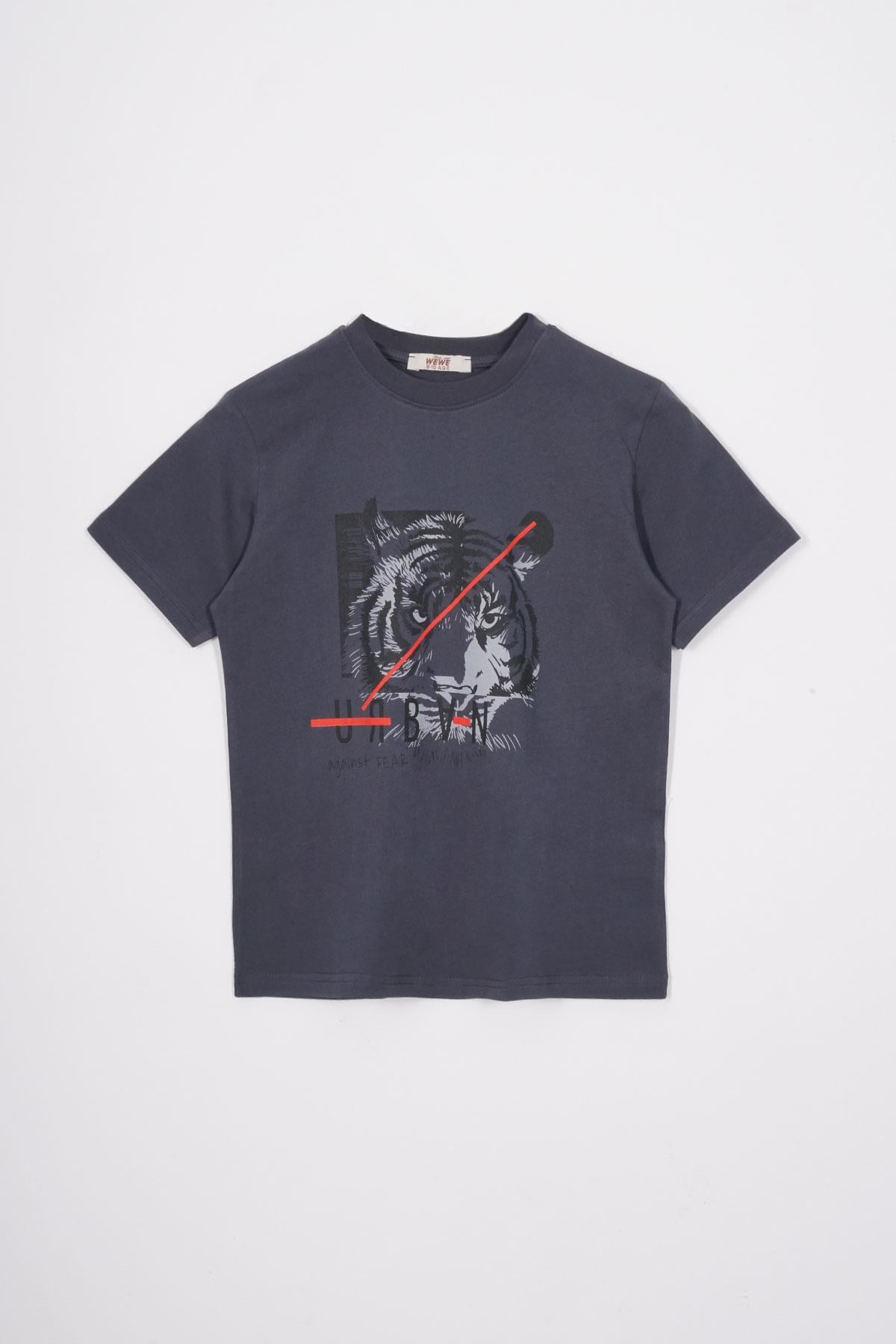 Bisiklet Yaka Kaplan Baskılı Füme Renk Erkek Çocuk Tshirt