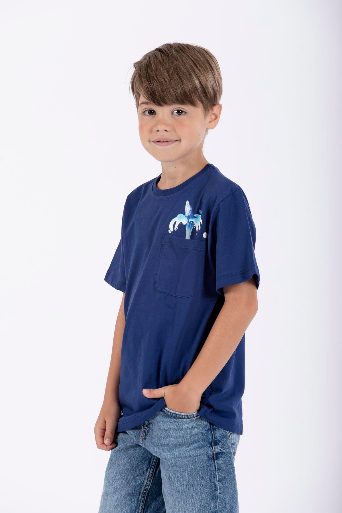 Bisiklet Yaka Kısa Kol Balına Baskılı Indigo Renk Erkek Çocuk Tshirt