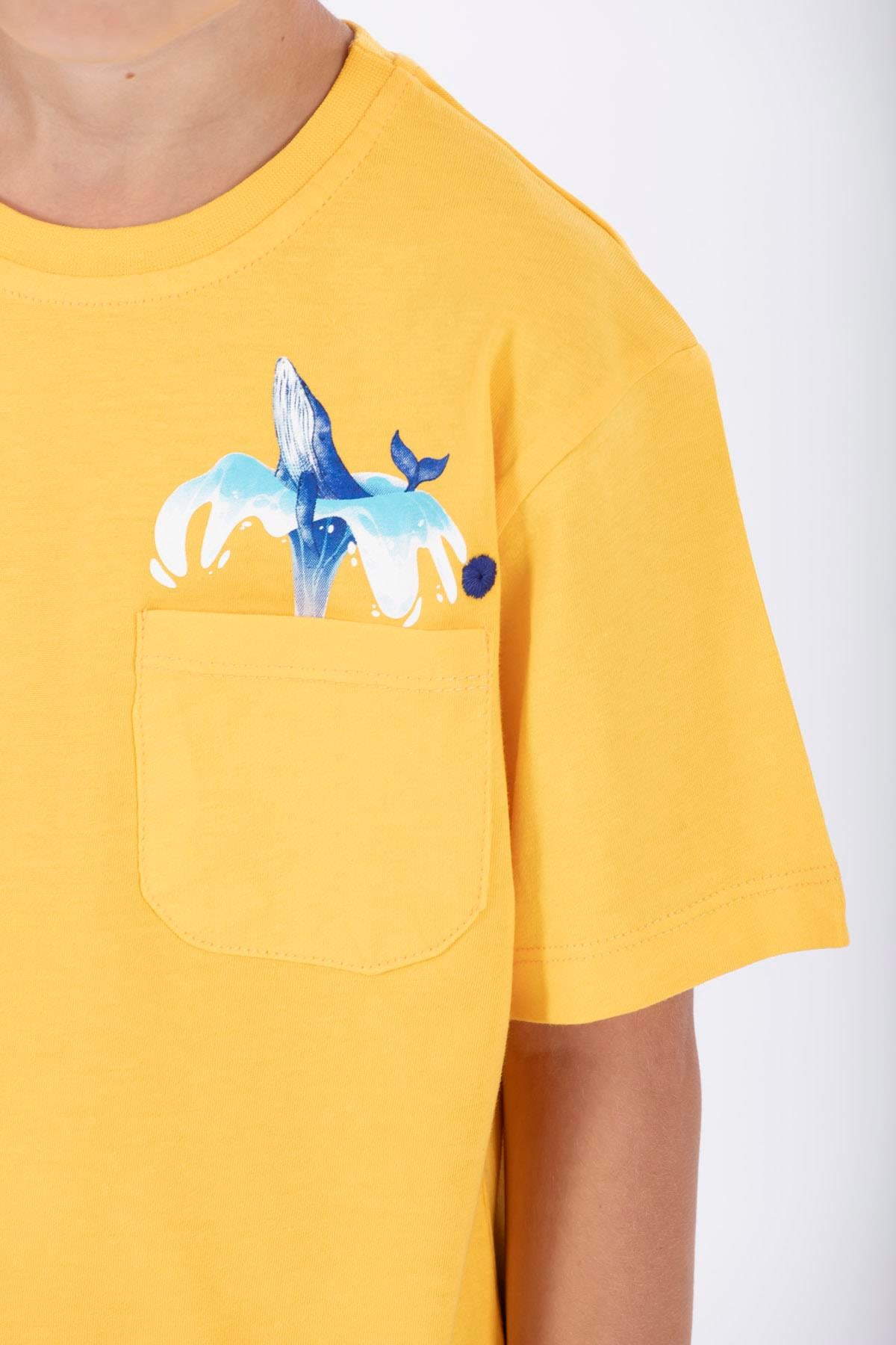 Bisiklet Yaka Kısa Kol Balına Baskılı Koyu Sari Renk Erkek Çocuk Tshirt