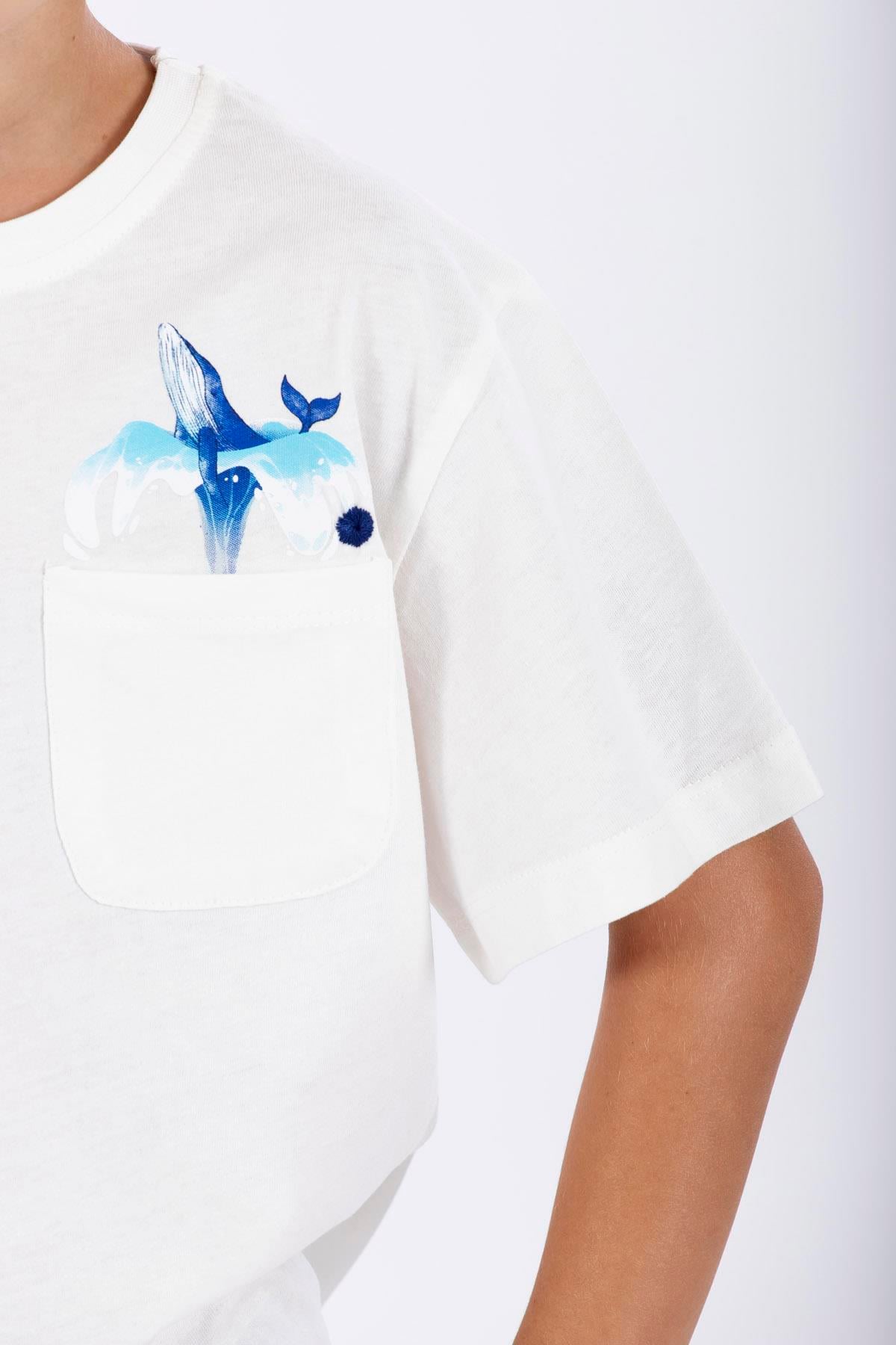 Bisiklet Yaka Kısa Kol Balına Baskılı Ekru Renk Erkek Çocuk Tshirt