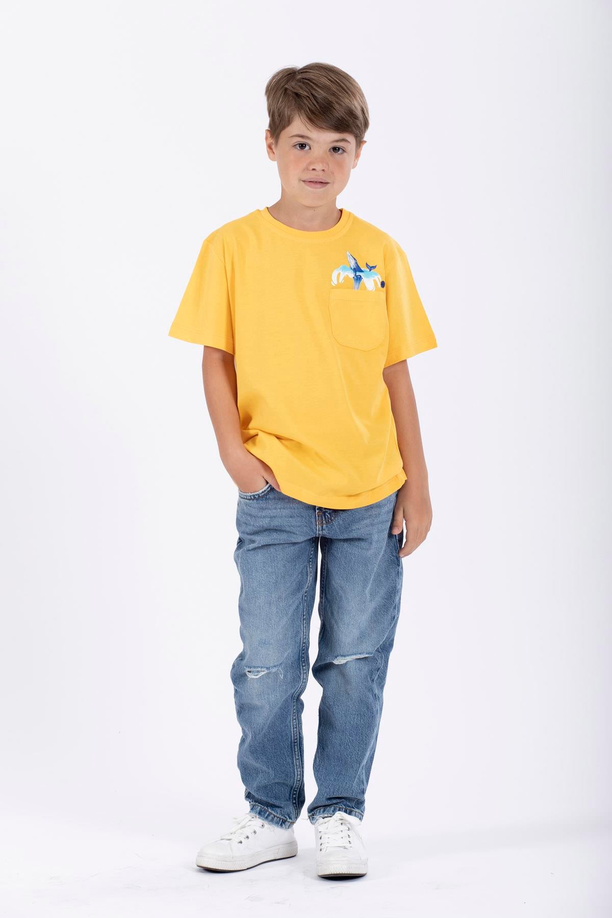 Bisiklet Yaka Kısa Kol Balına Baskılı Koyu Sari Renk Erkek Çocuk Tshirt