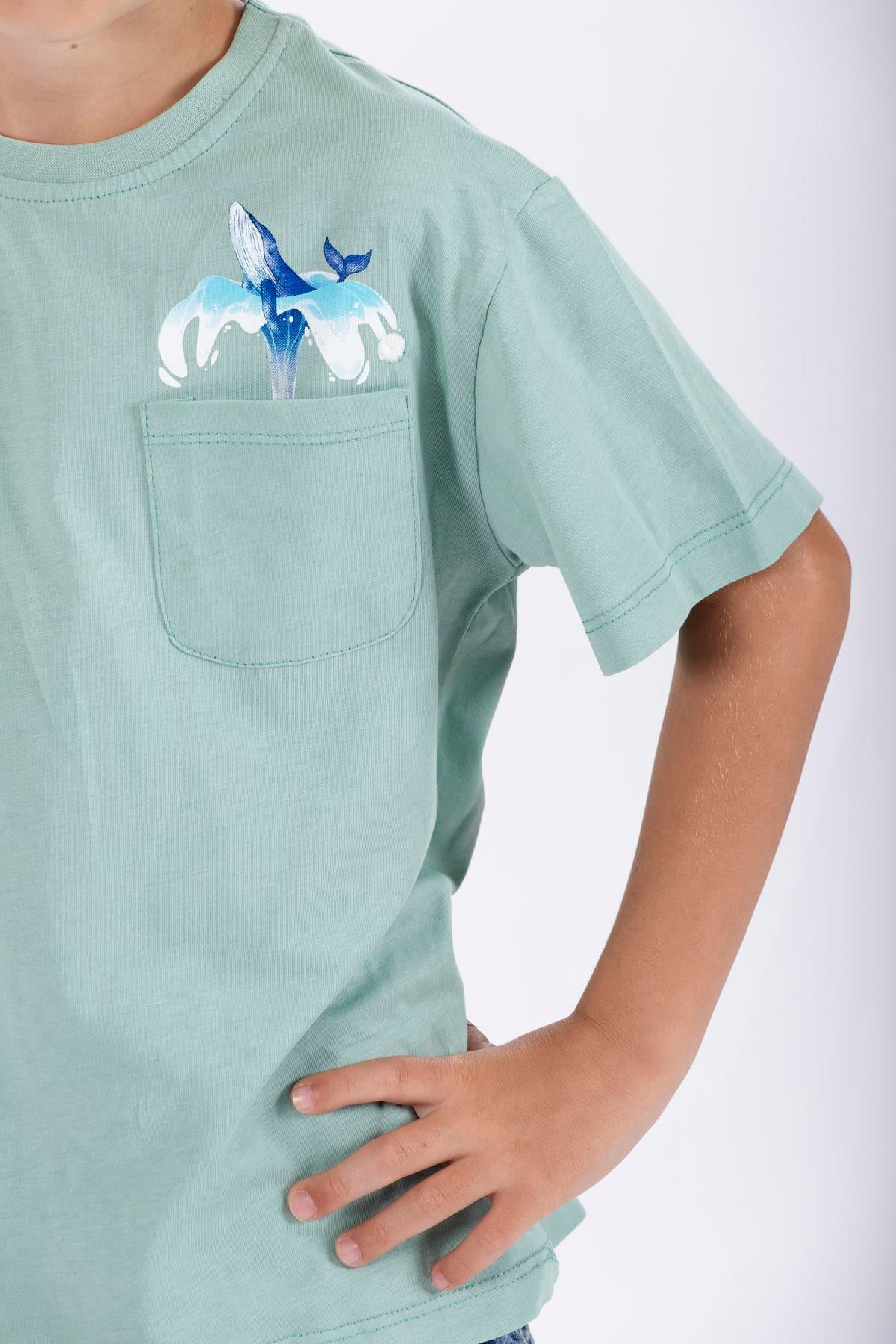 Bisiklet Yaka Kısa Kol Balına Baskılı Cagla Yesil Renk Erkek Çocuk Tshirt
