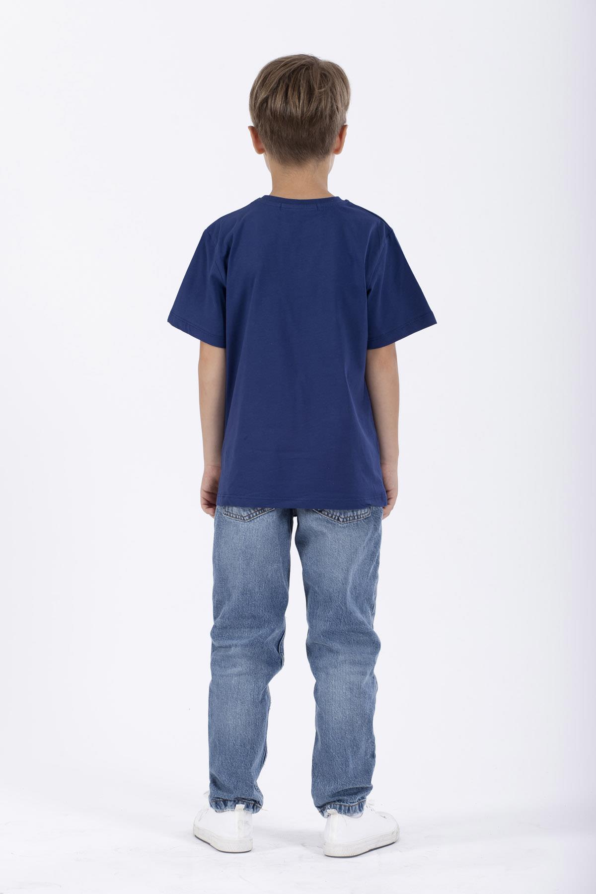 Bisiklet Yaka Kısa Kol Balına Baskılı Indigo Renk Erkek Çocuk Tshirt