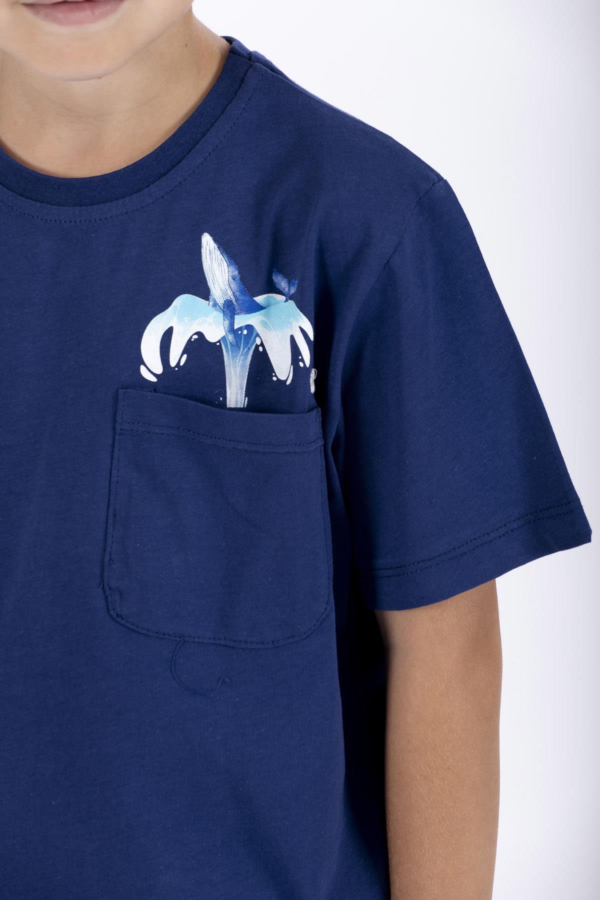 Bisiklet Yaka Kısa Kol Balına Baskılı Indigo Renk Erkek Çocuk Tshirt