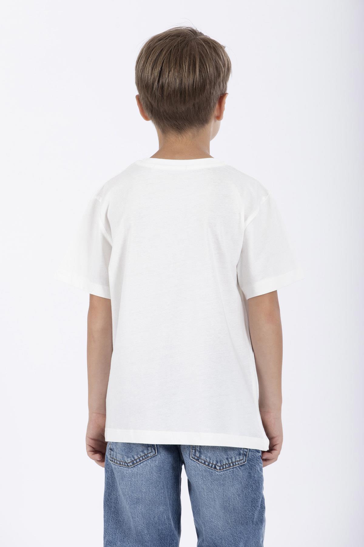 Bisiklet Yaka Kısa Kol Balına Baskılı Ekru Renk Erkek Çocuk Tshirt