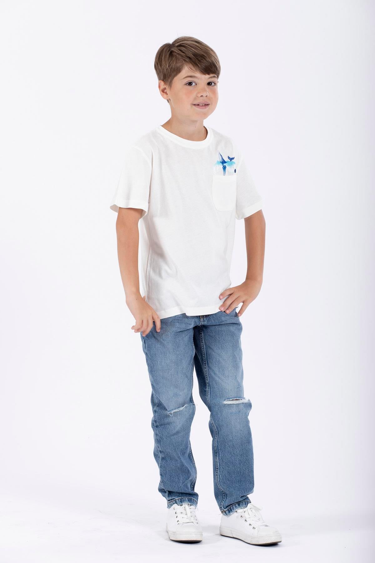 Bisiklet Yaka Kısa Kol Balına Baskılı Ekru Renk Erkek Çocuk Tshirt