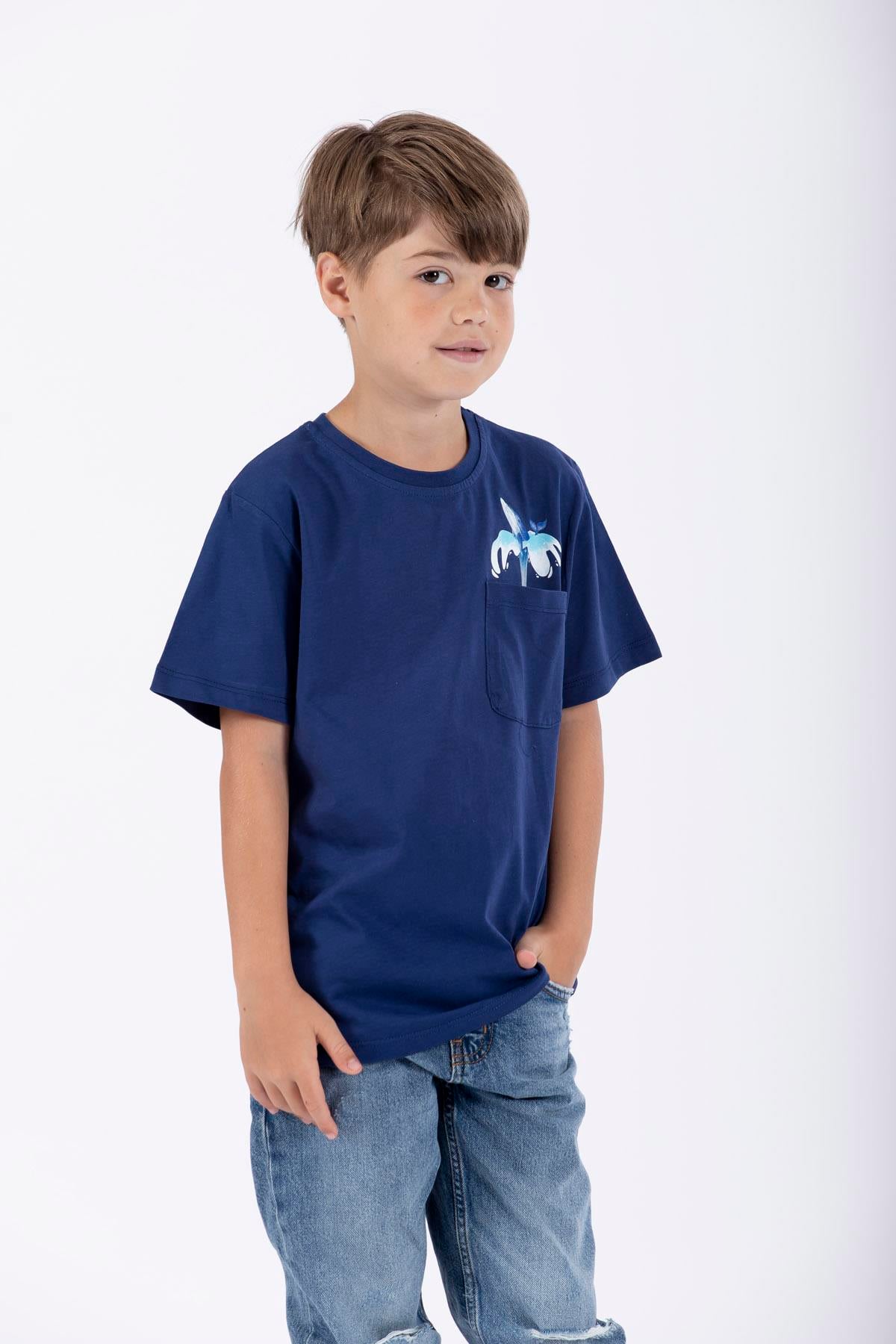 Bisiklet Yaka Kısa Kol Balına Baskılı Indigo Renk Erkek Çocuk Tshirt