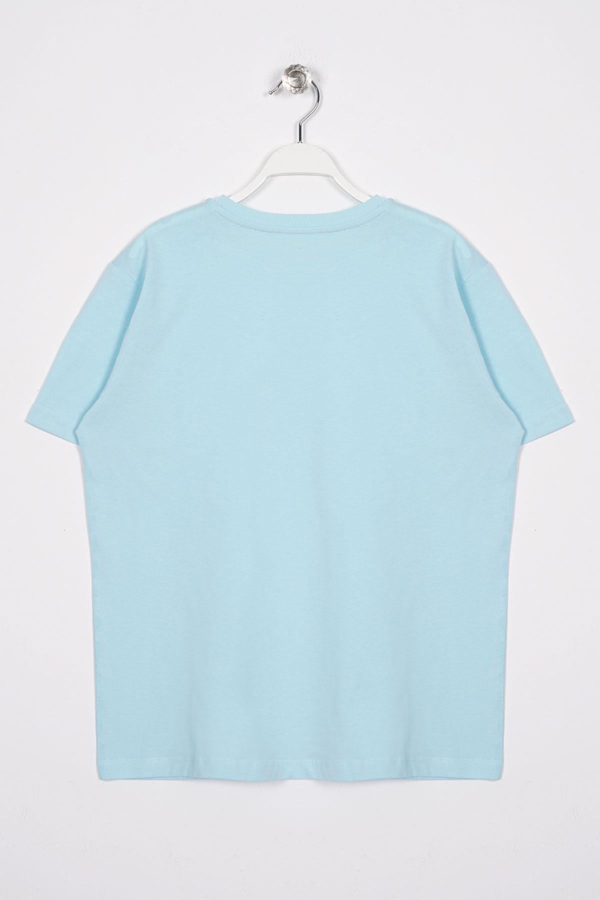 Bisiklet Yaka Kısa Kol Balına Baskılı Acik Mavi Renk Erkek Çocuk Tshirt