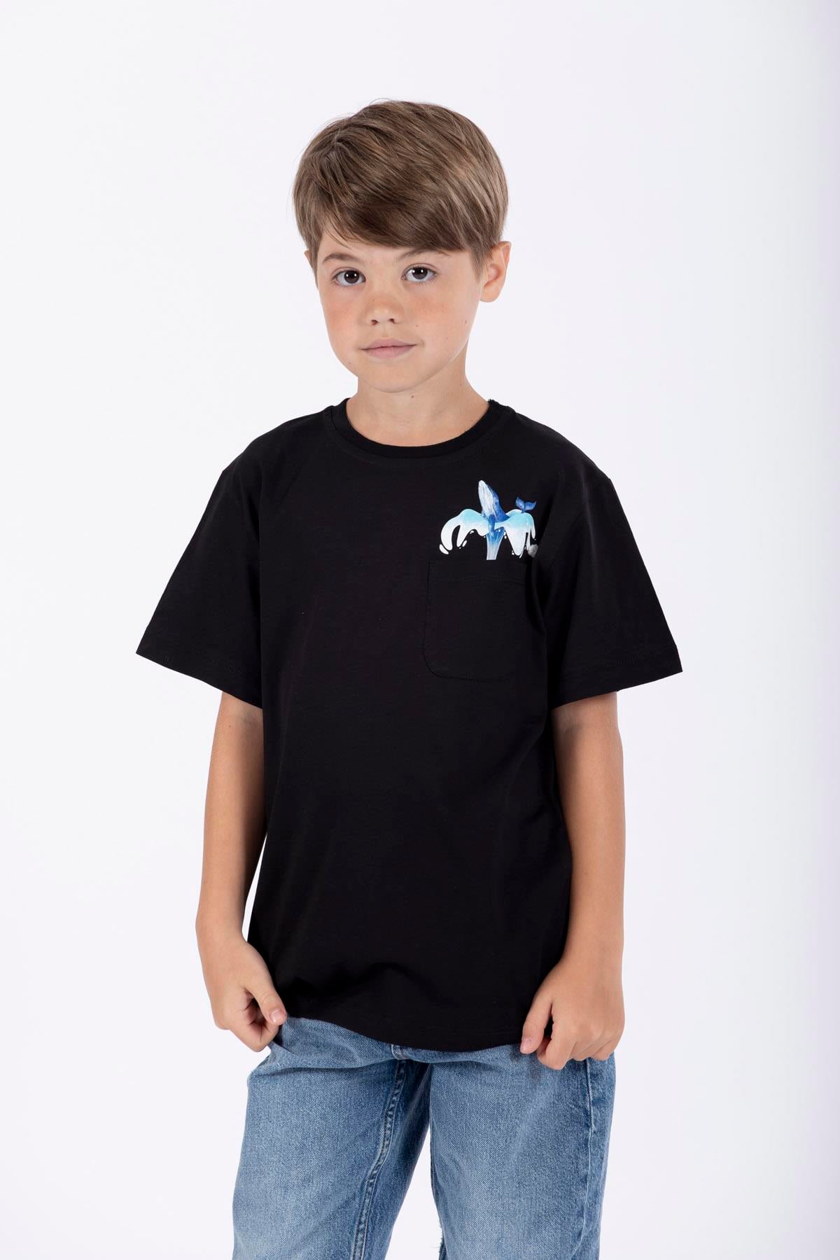 Bisiklet Yaka Kısa Kol Balına Baskılı Siyah Renk Erkek Çocuk Tshirt