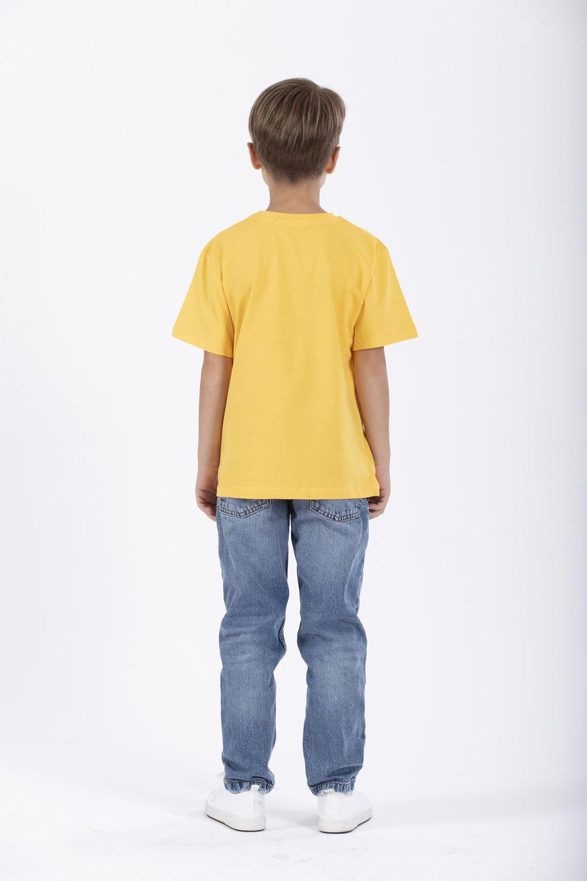 Bisiklet Yaka Kısa Kol Balına Baskılı Koyu Sari Renk Erkek Çocuk Tshirt