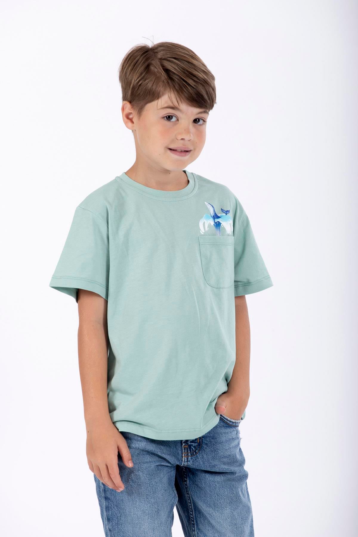 Bisiklet Yaka Kısa Kol Balına Baskılı Cagla Yesil Renk Erkek Çocuk Tshirt