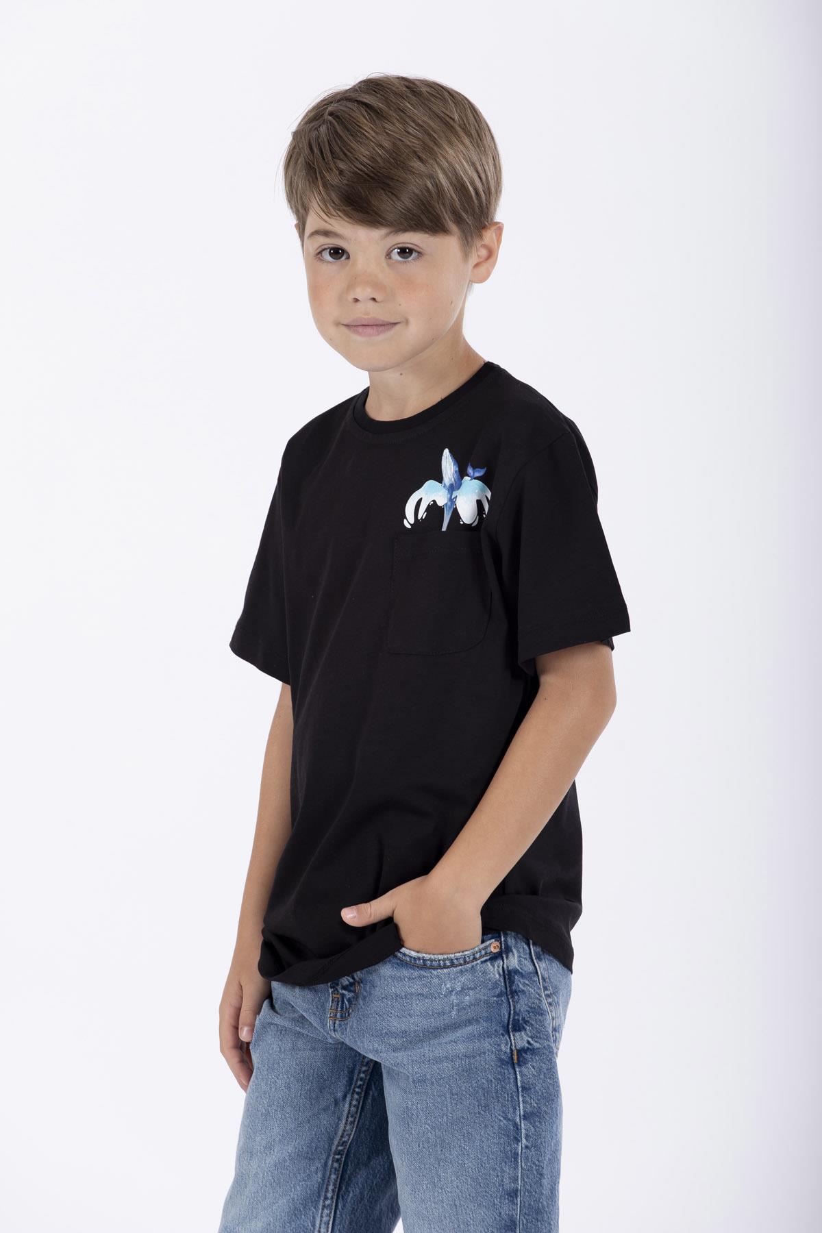 Bisiklet Yaka Kısa Kol Balına Baskılı Siyah Renk Erkek Çocuk Tshirt
