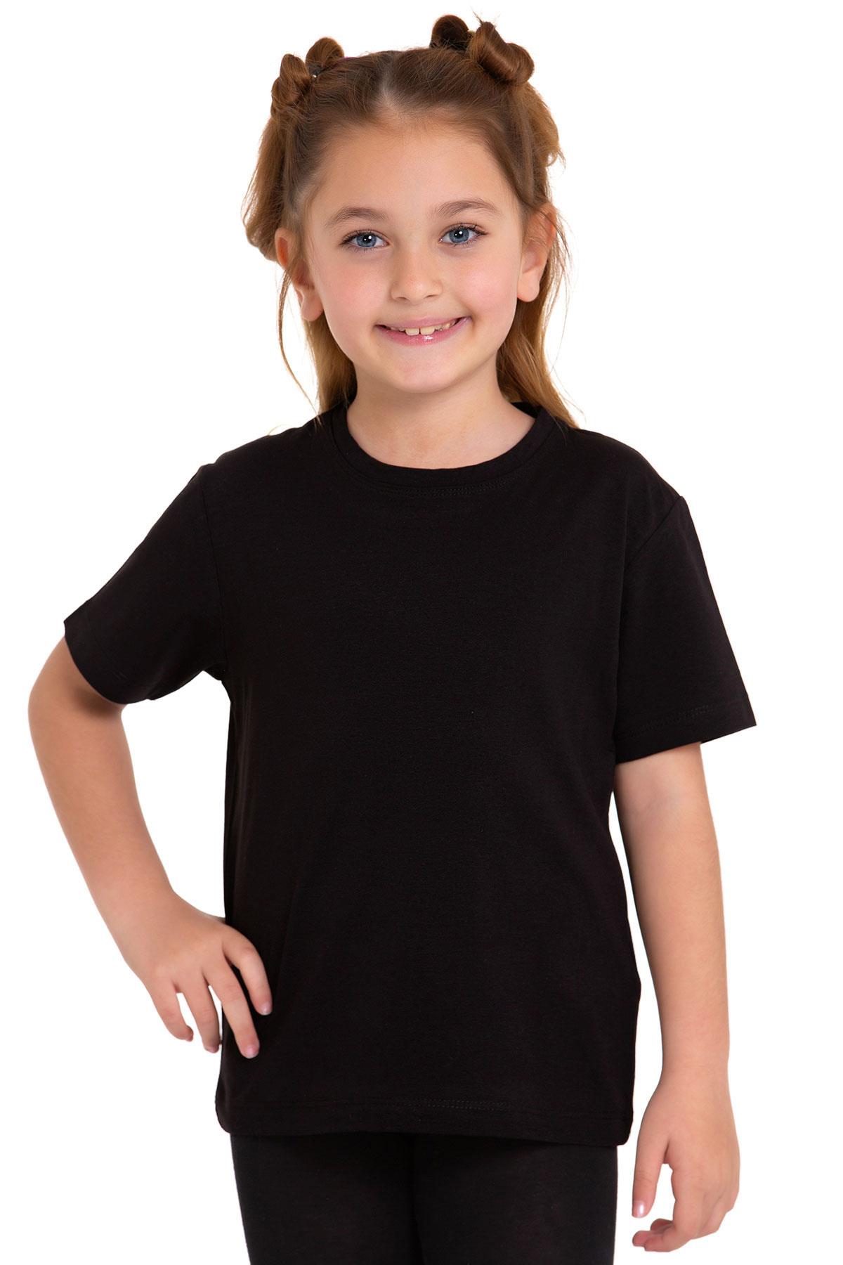 Bisiklet Yaka Kısa Kol Baskısız Siyah Renk Kız Çocuk Tshirt