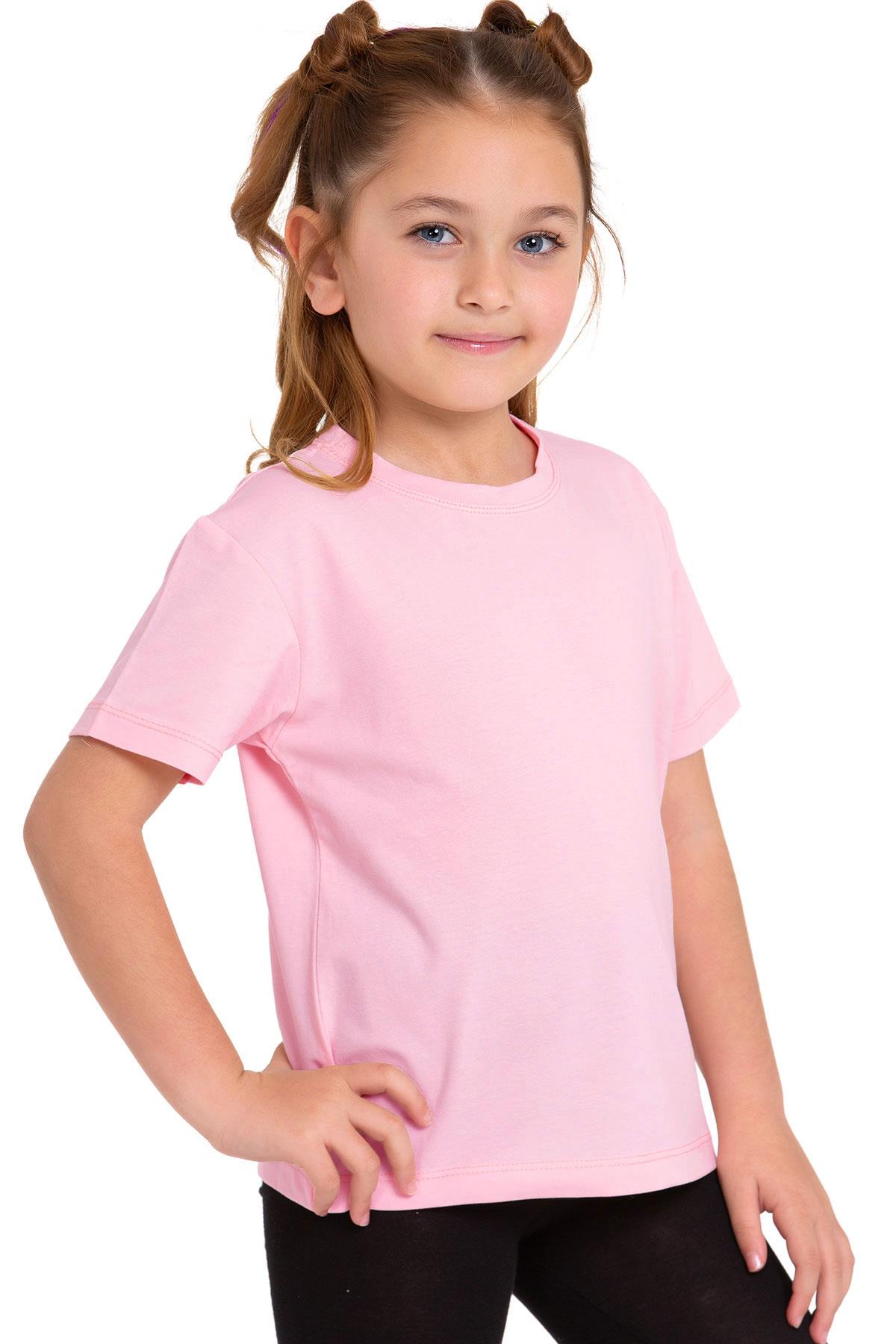Bisiklet Yaka Kısa Kol Baskısız Pembe Renk Kız Çocuk Tshirt