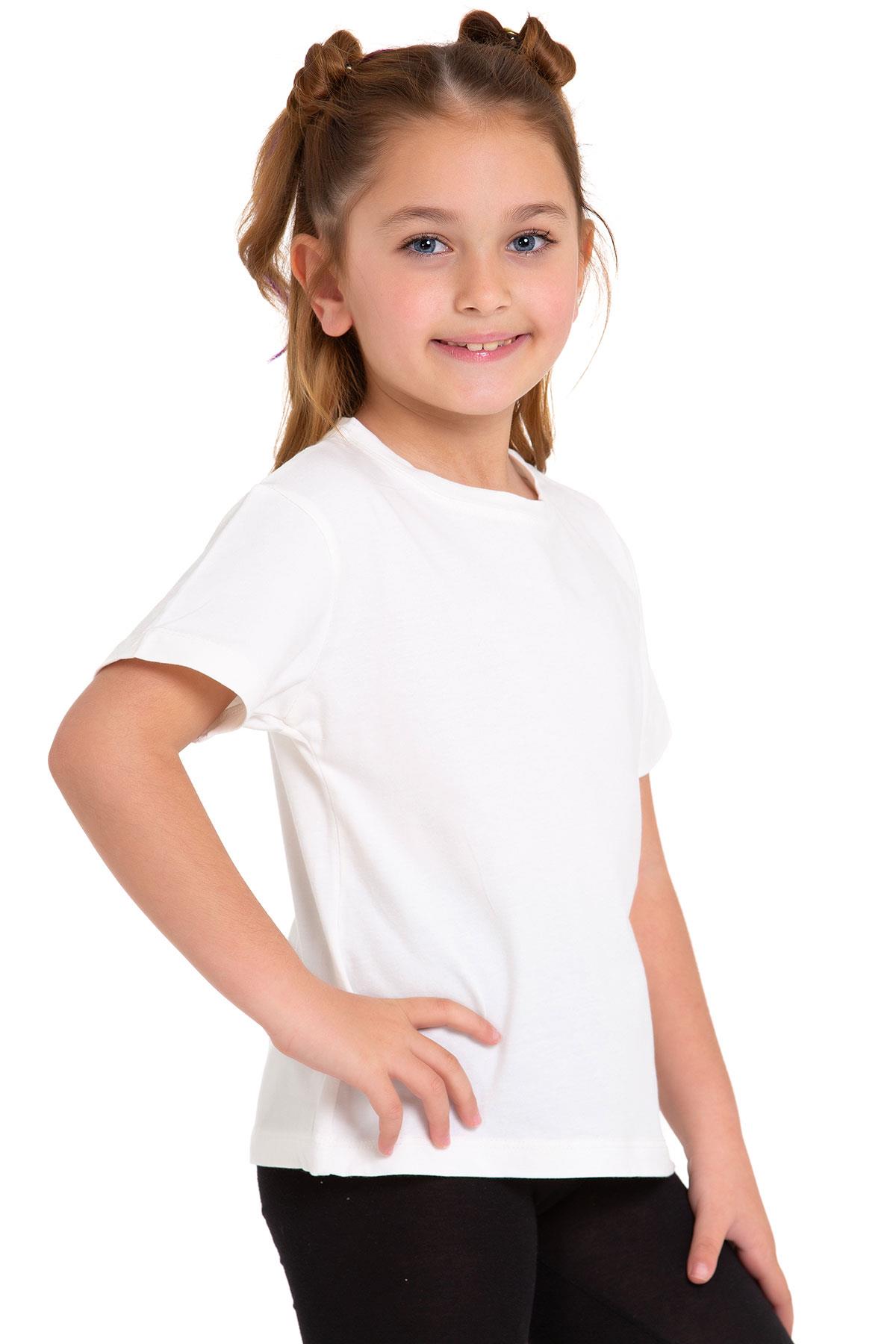 Bisiklet Yaka Kısa Kol Baskısız Ekru Renk Kız Çocuk Tshirt