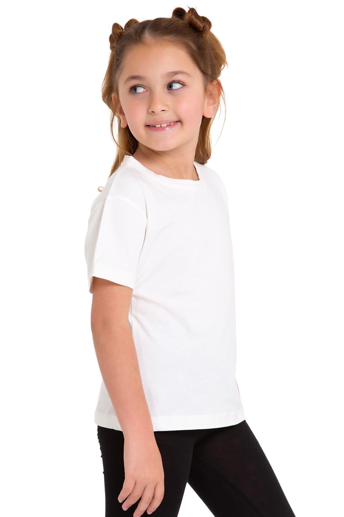 Bisiklet Yaka Kısa Kol Baskısız Ekru Renk Kız Çocuk Tshirt