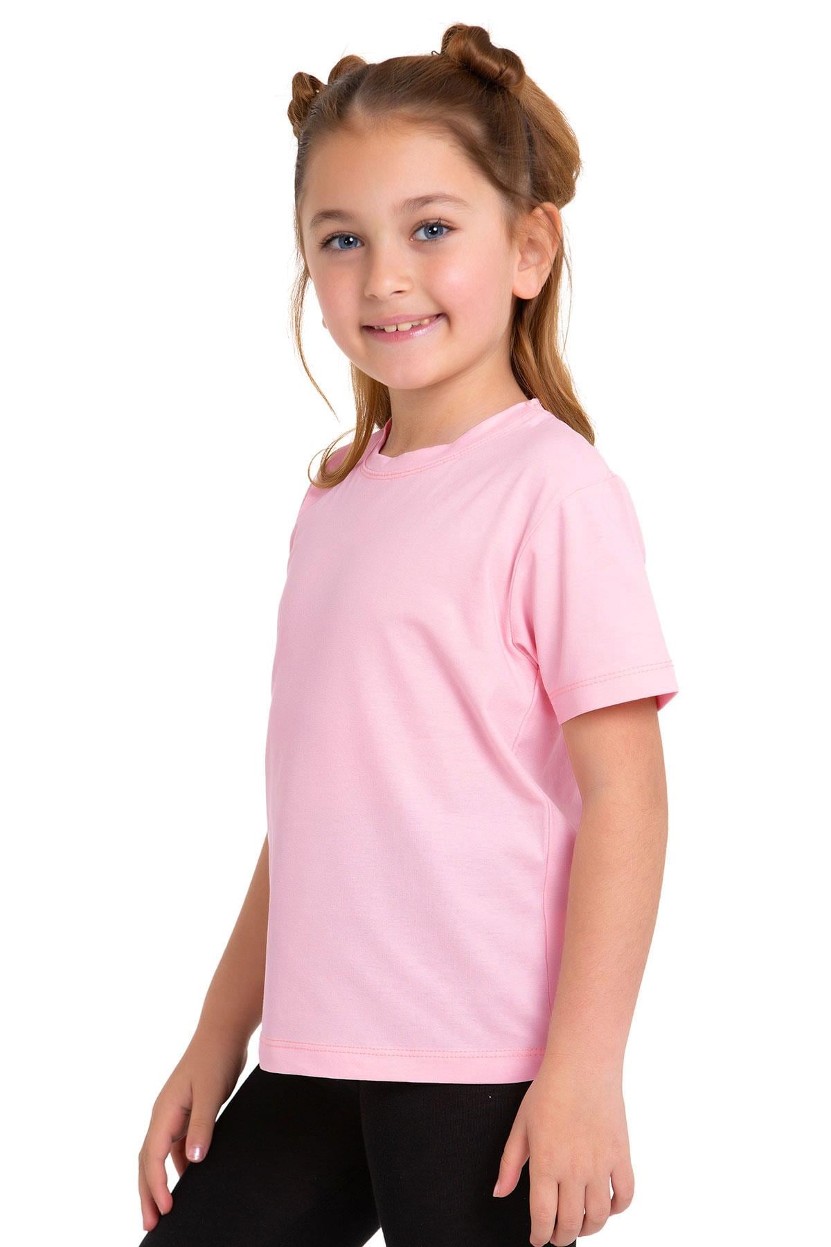 Bisiklet Yaka Kısa Kol Baskısız Pembe Renk Kız Çocuk Tshirt
