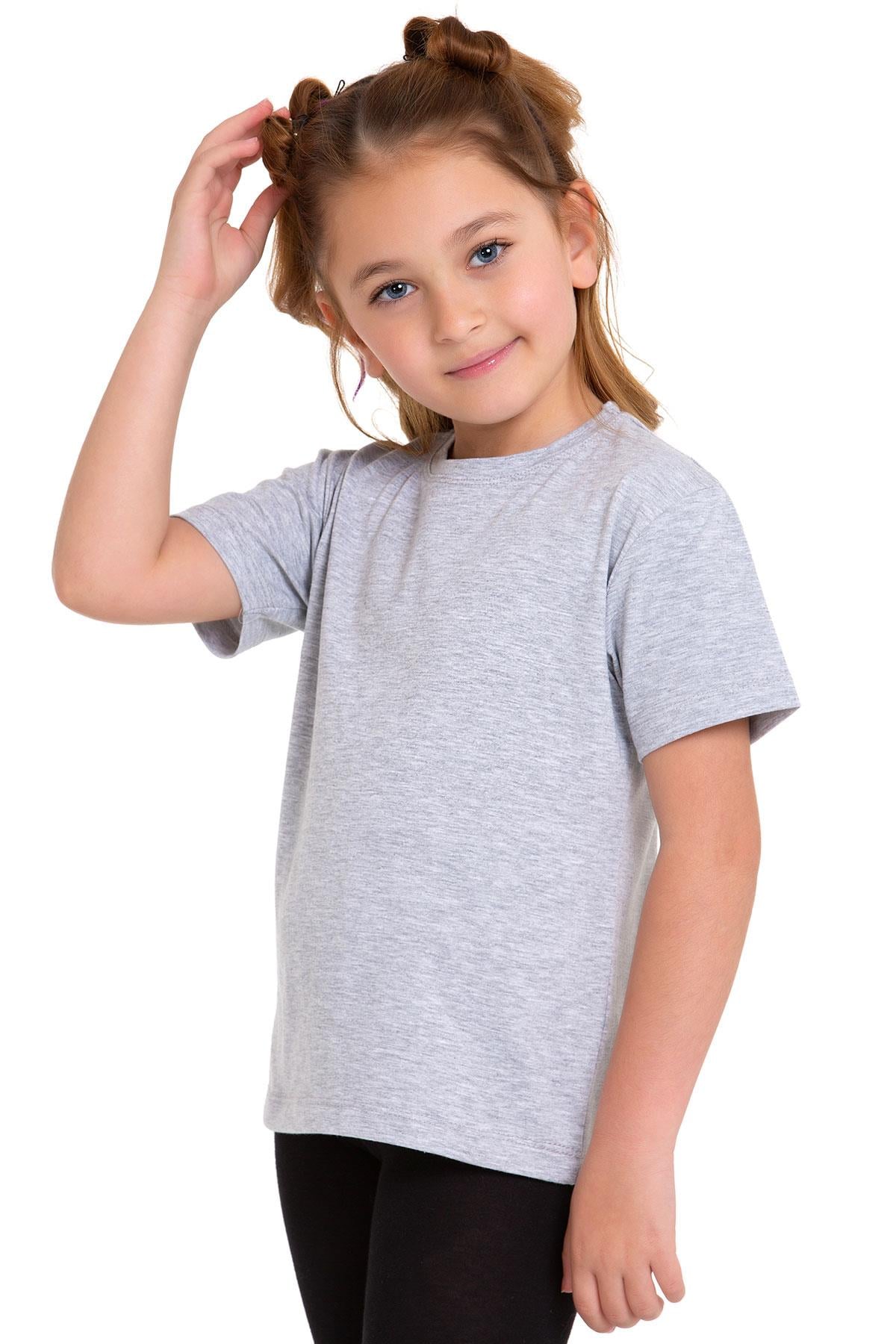 Bisiklet Yaka Kısa Kol Baskısız Gri Melanj Renk Kız Çocuk Tshirt