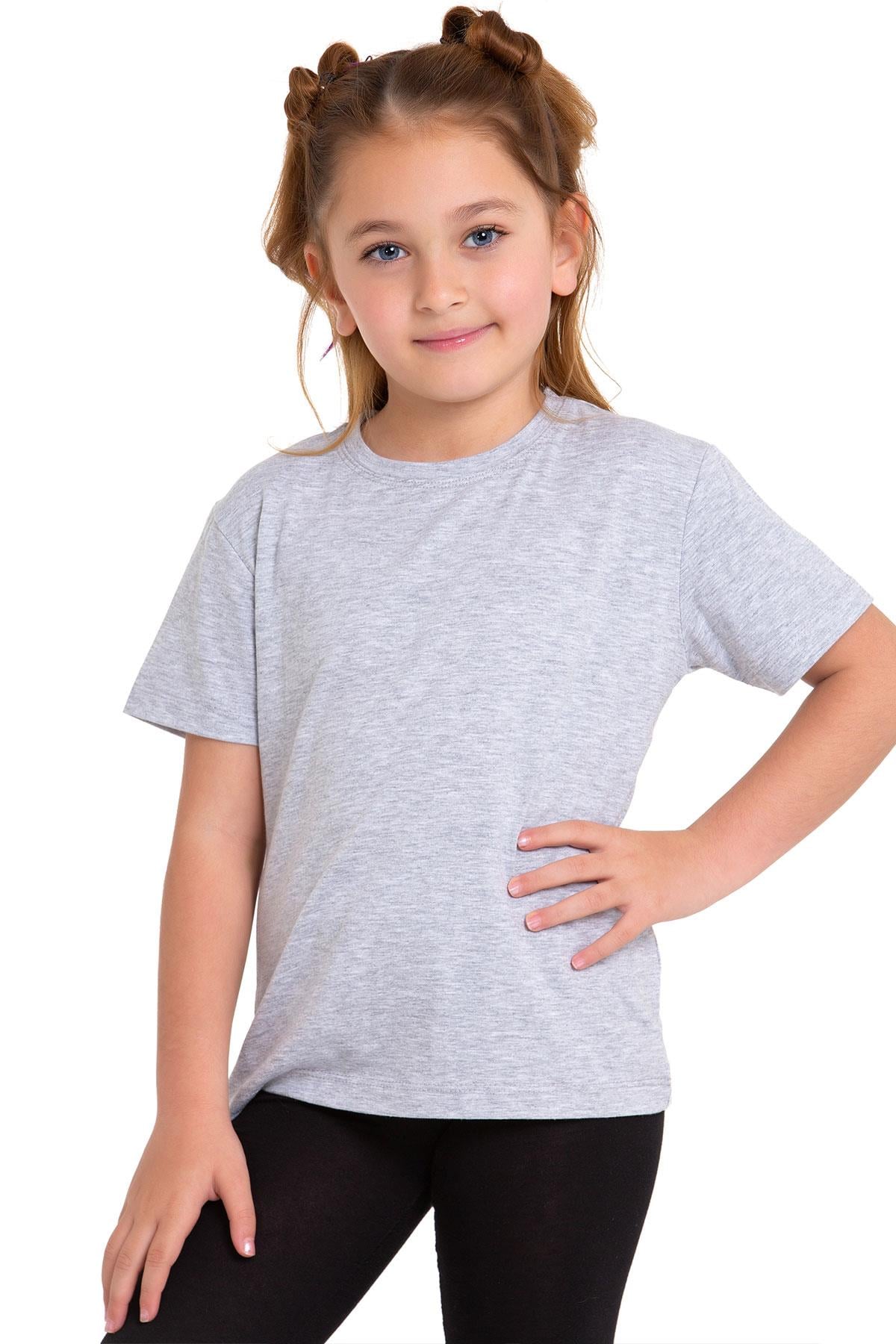 Bisiklet Yaka Kısa Kol Baskısız Gri Melanj Renk Kız Çocuk Tshirt