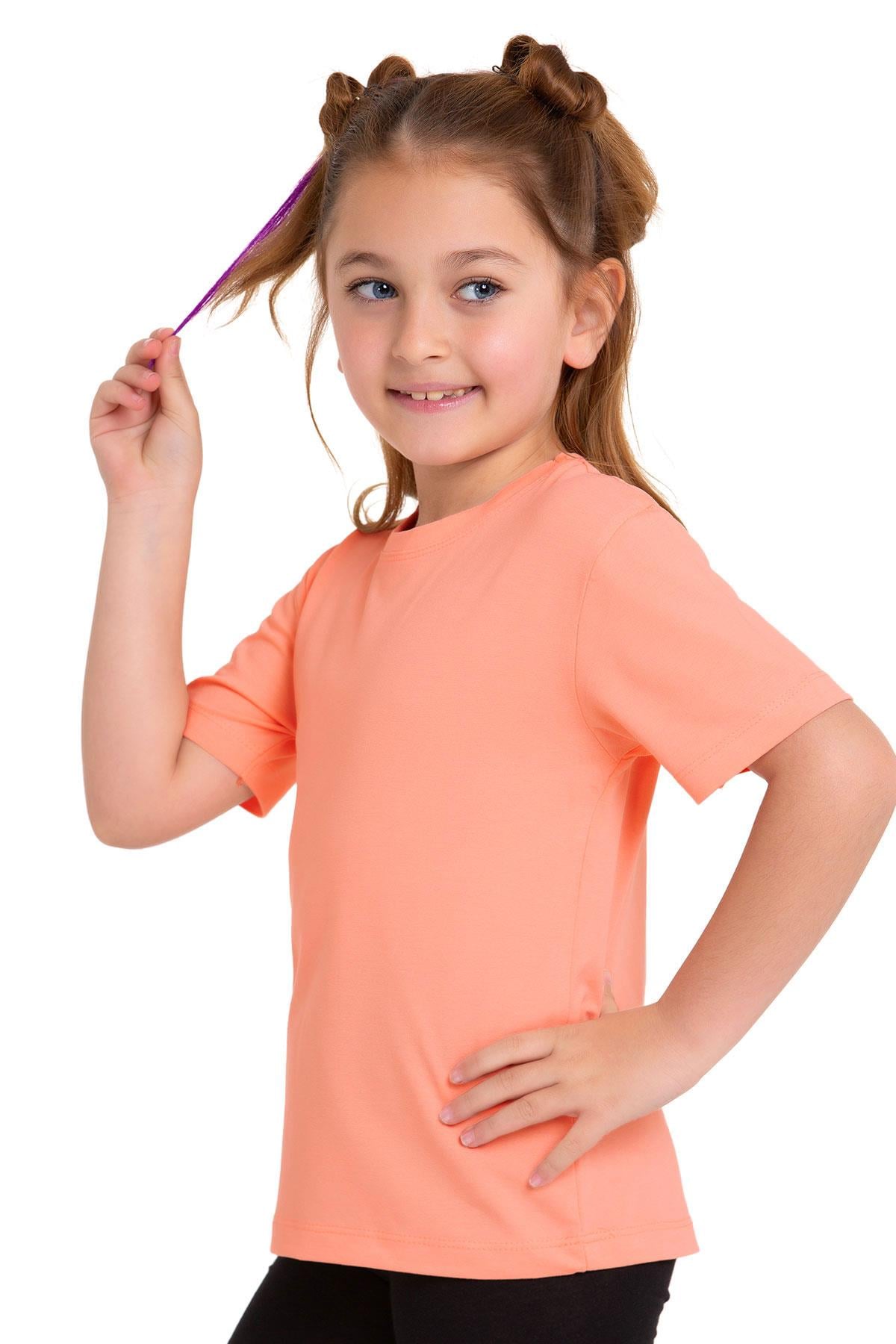 Bisiklet Yaka Kısa Kol Baskısız Somon Renk Kız Çocuk Tshirt
