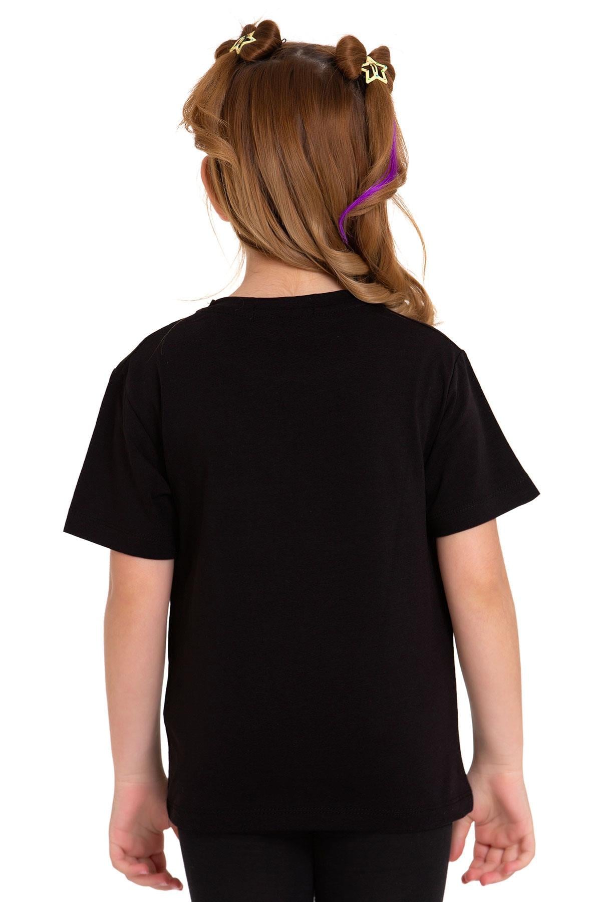 Bisiklet Yaka Kısa Kol Baskısız Siyah Renk Kız Çocuk Tshirt