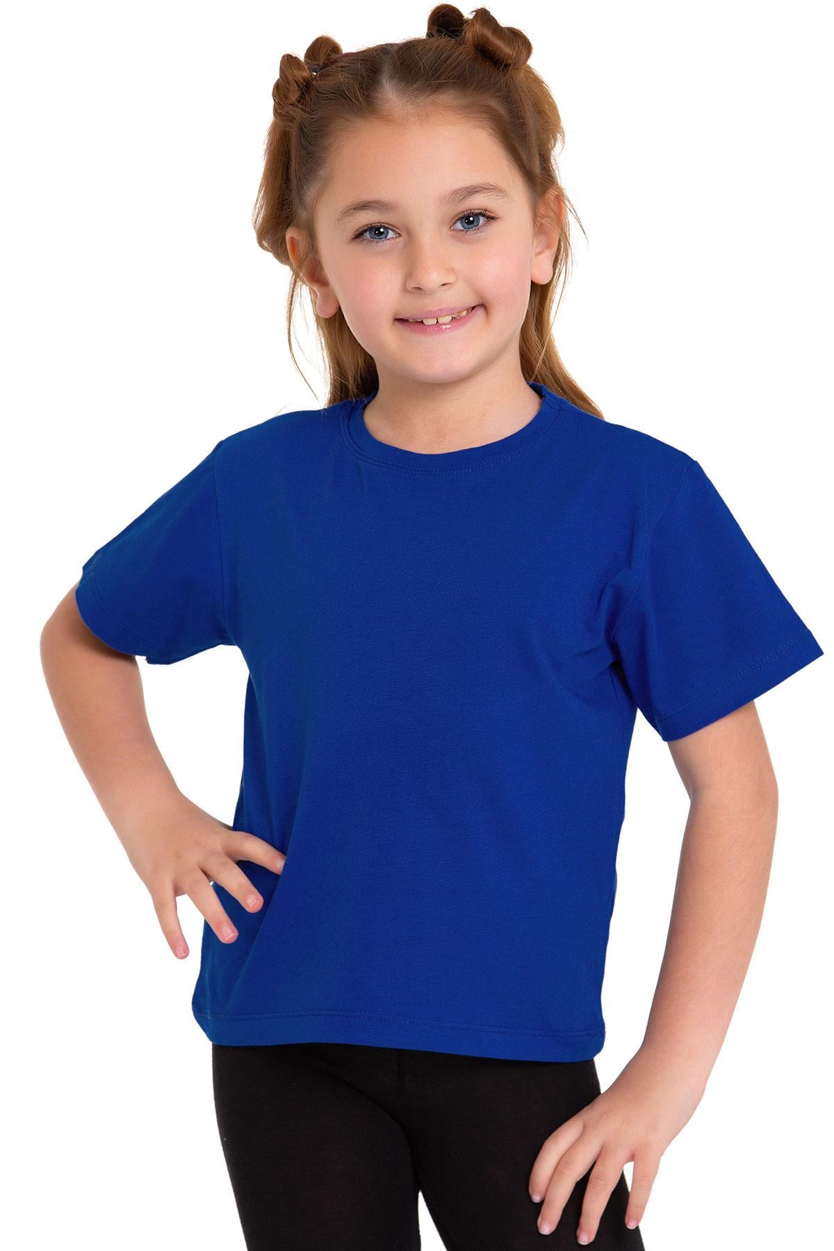 Bisiklet Yaka Kısa Kol Baskısız Saks Renk Kız Çocuk Tshirt