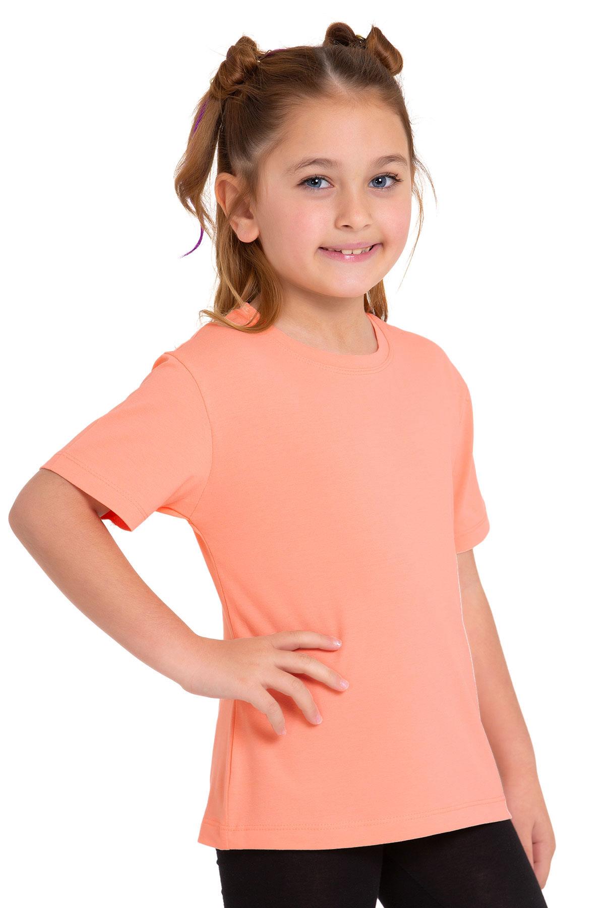 Bisiklet Yaka Kısa Kol Baskısız Somon Renk Kız Çocuk Tshirt