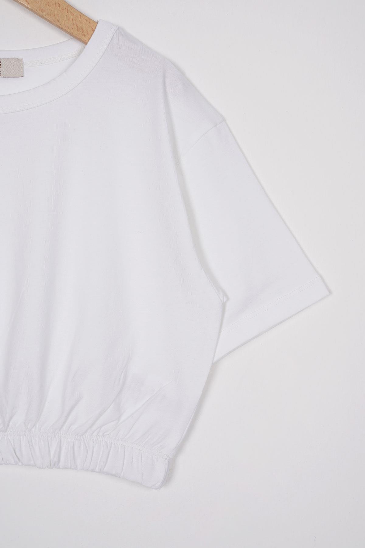Bisiklet Yaka Kısa Kol Beli Lastikli Ekru Renk Kız Çocuk Tshirt