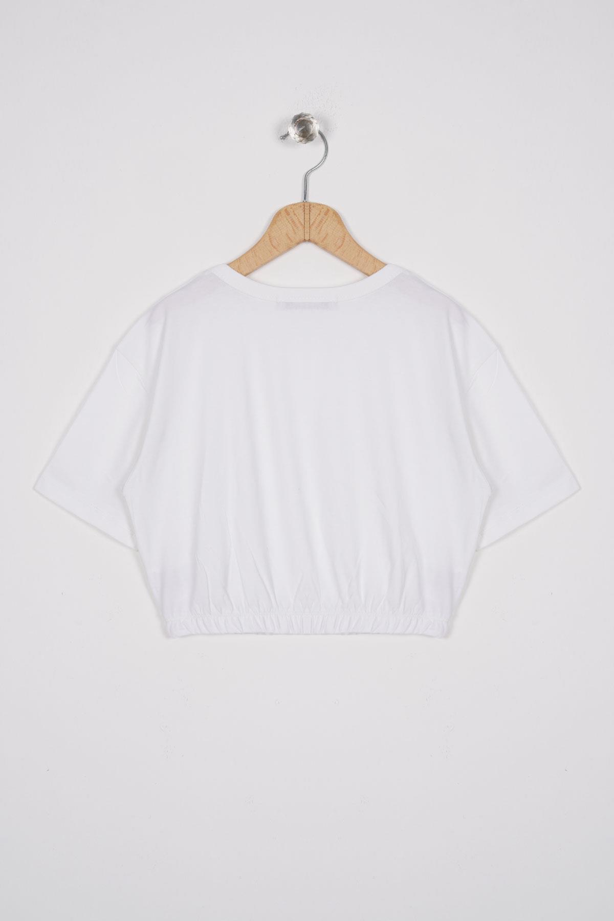 Bisiklet Yaka Kısa Kol Beli Lastikli Ekru Renk Kız Çocuk Tshirt