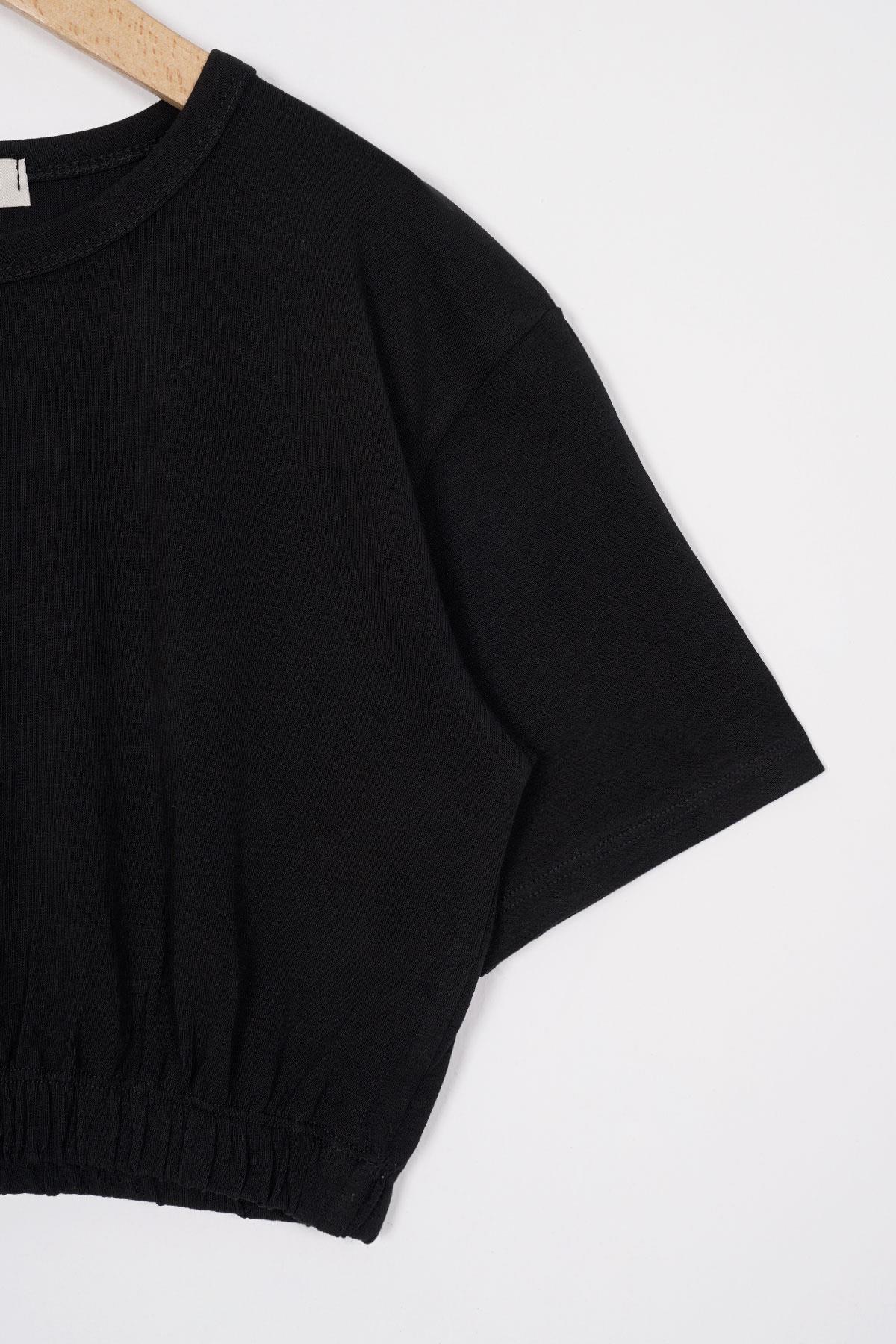 Bisiklet Yaka Kısa Kol Beli Lastikli Siyah Renk Kız Çocuk Tshirt