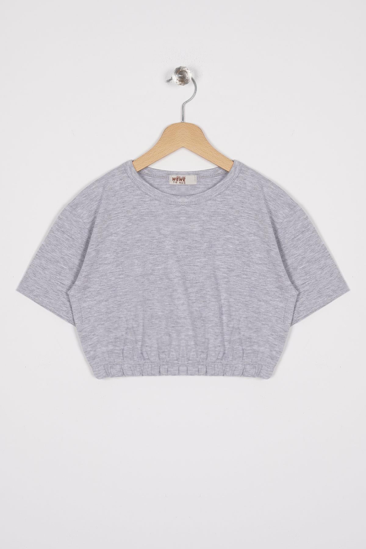 Bisiklet Yaka Kısa Kol Beli Lastikli Gri Melanj Renk Kız Çocuk Tshirt