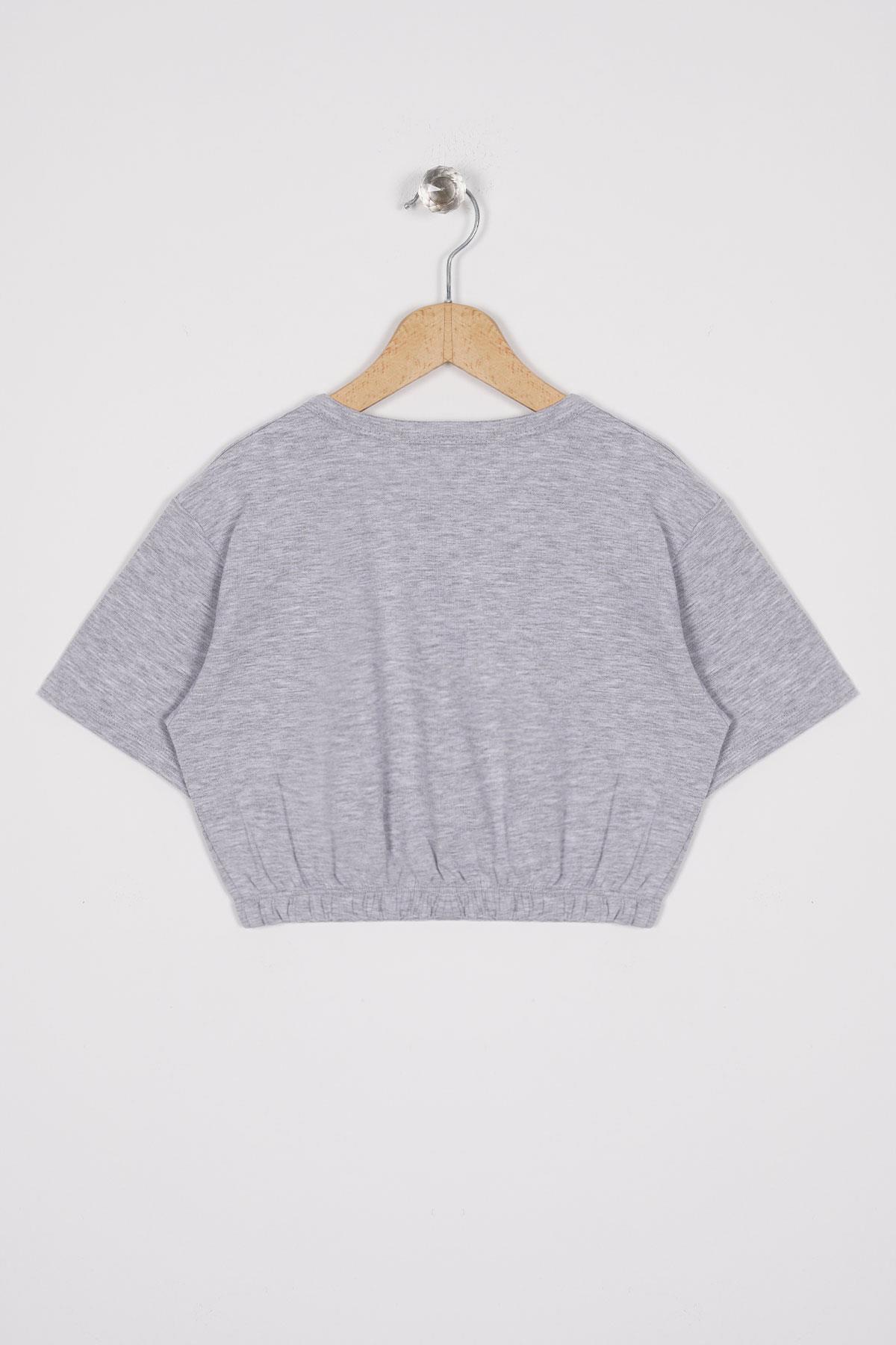 Bisiklet Yaka Kısa Kol Beli Lastikli Gri Melanj Renk Kız Çocuk Tshirt