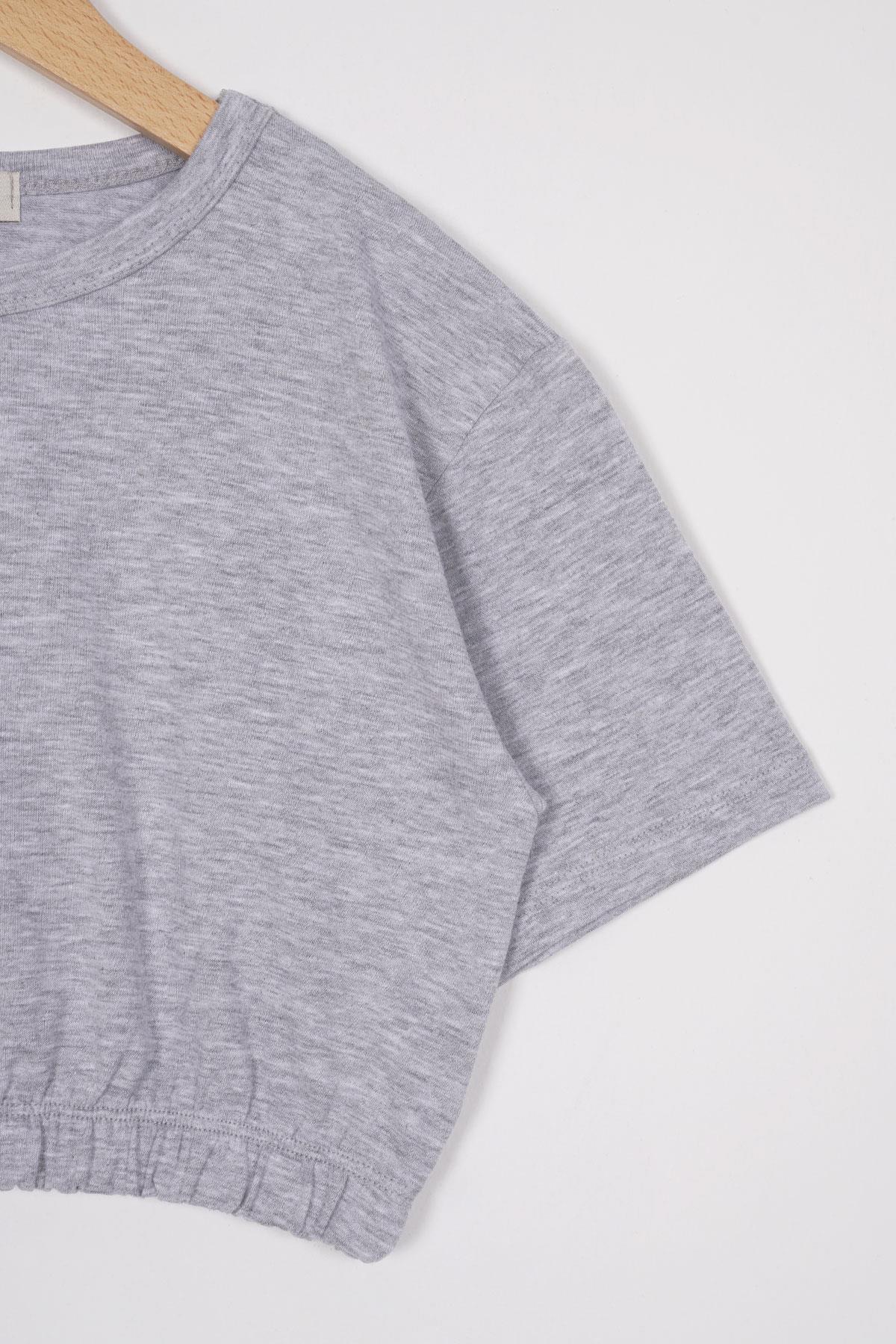 Bisiklet Yaka Kısa Kol Beli Lastikli Gri Melanj Renk Kız Çocuk Tshirt