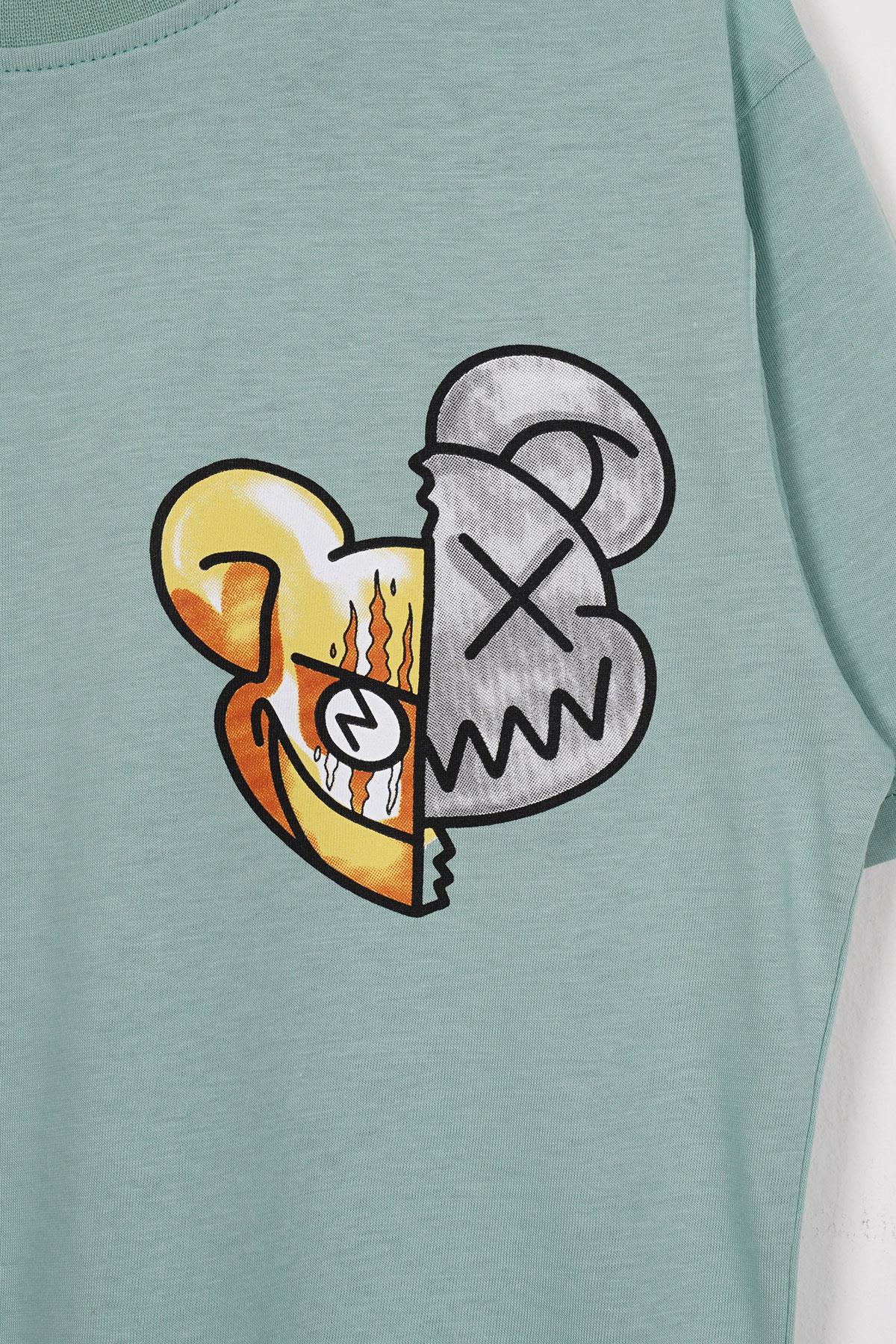 Bisiklet Yaka Kısa Kol Baskılı Cağla Yeşil Renk Erkek Çocuk Tshirt