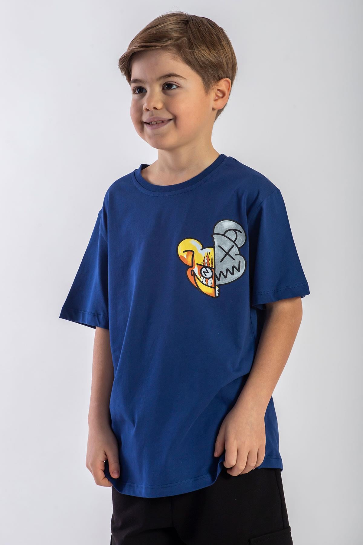 Bisiklet Yaka Kısa Kol Baskılı İndigo Renk Erkek Çocuk Tshirt