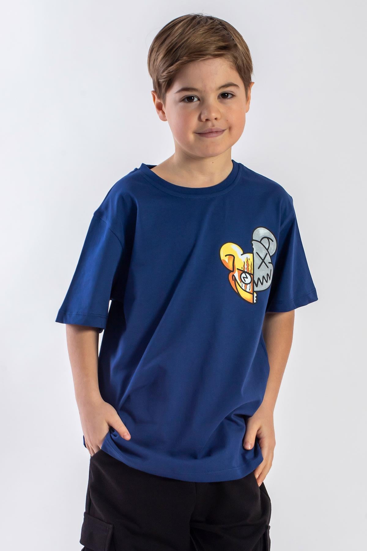Bisiklet Yaka Kısa Kol Baskılı İndigo Renk Erkek Çocuk Tshirt