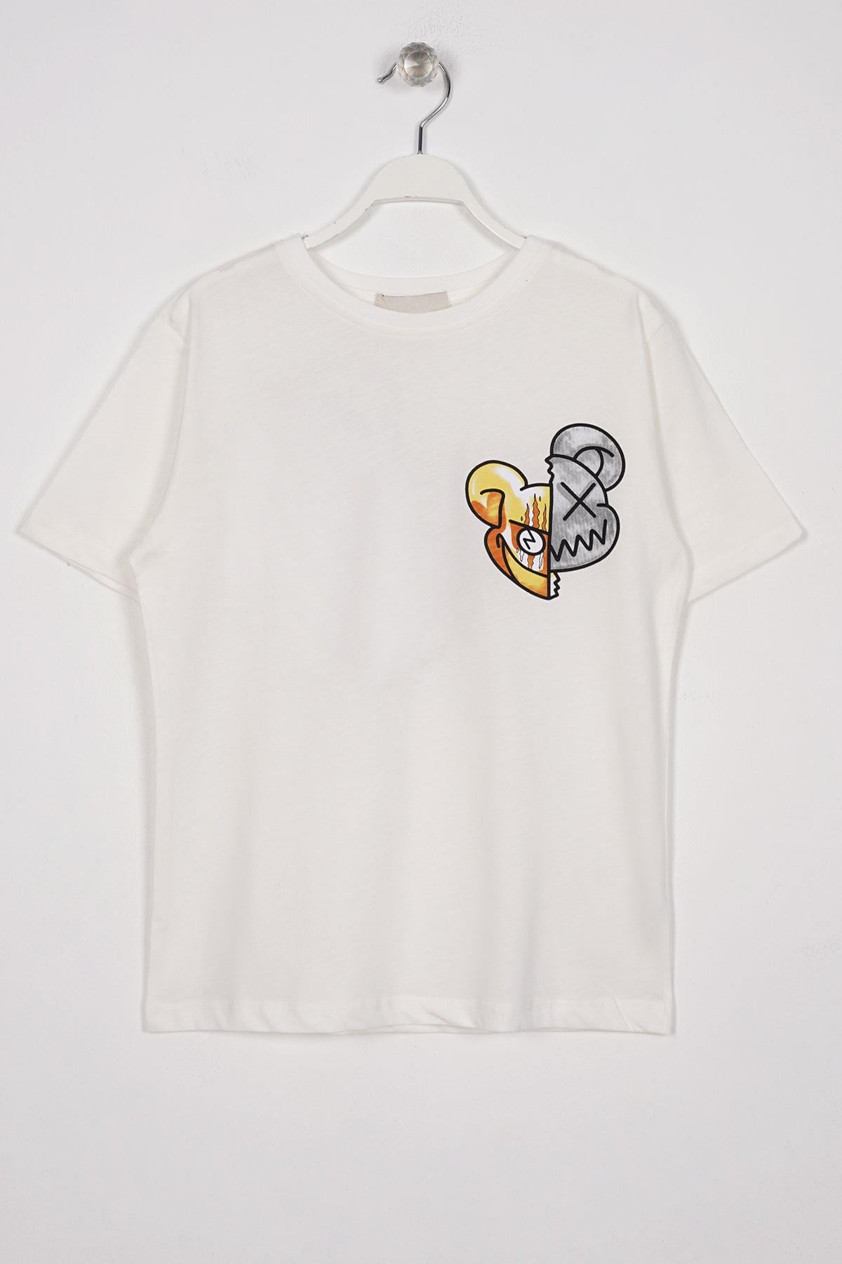 Bisiklet Yaka Kısa Kol Baskılı Ekru Renk Erkek Çocuk Tshirt