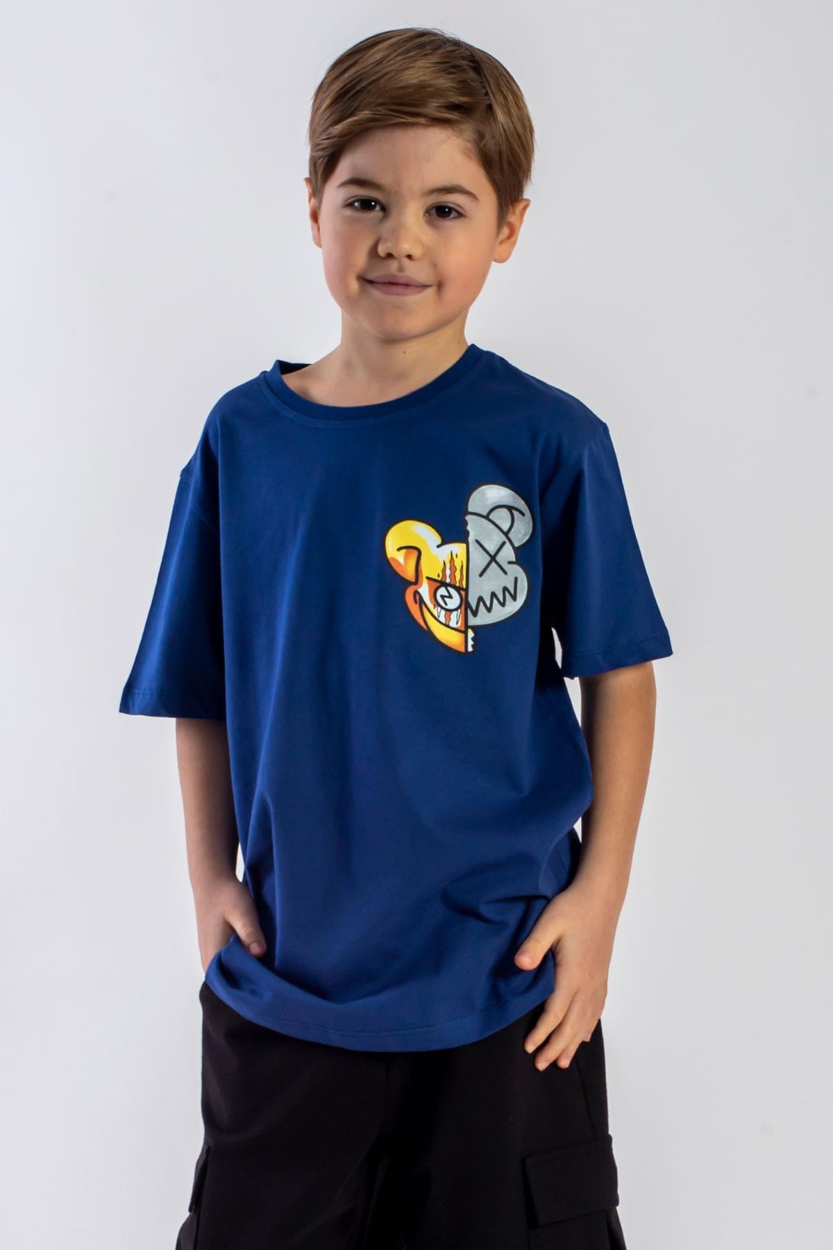 Bisiklet Yaka Kısa Kol Baskılı İndigo Renk Erkek Çocuk Tshirt
