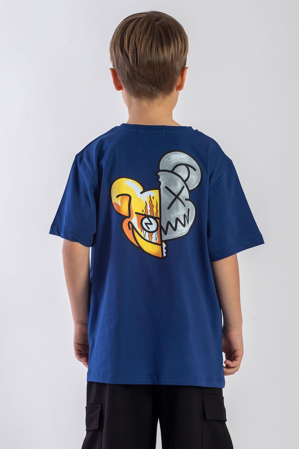 Bisiklet Yaka Kısa Kol Baskılı İndigo Renk Erkek Çocuk Tshirt