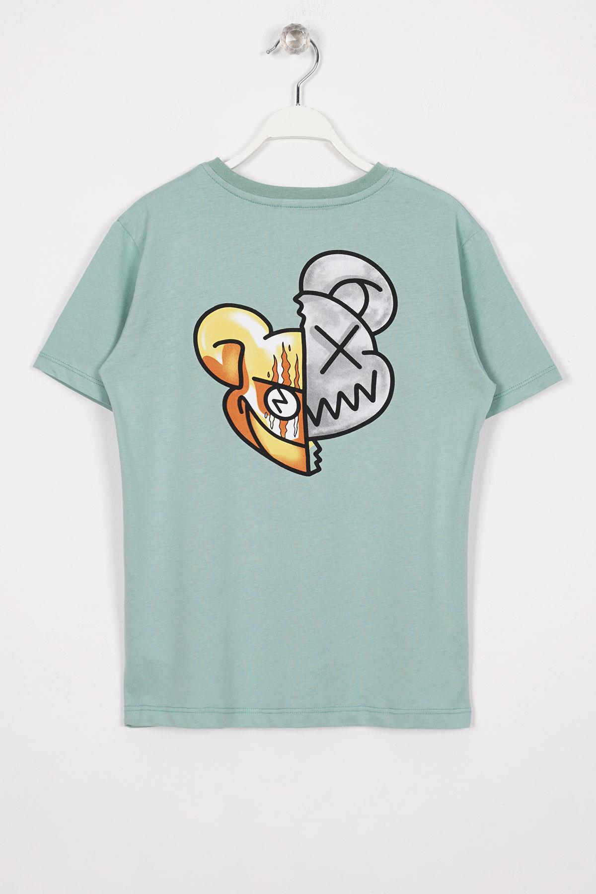 Bisiklet Yaka Kısa Kol Baskılı Cağla Yeşil Renk Erkek Çocuk Tshirt