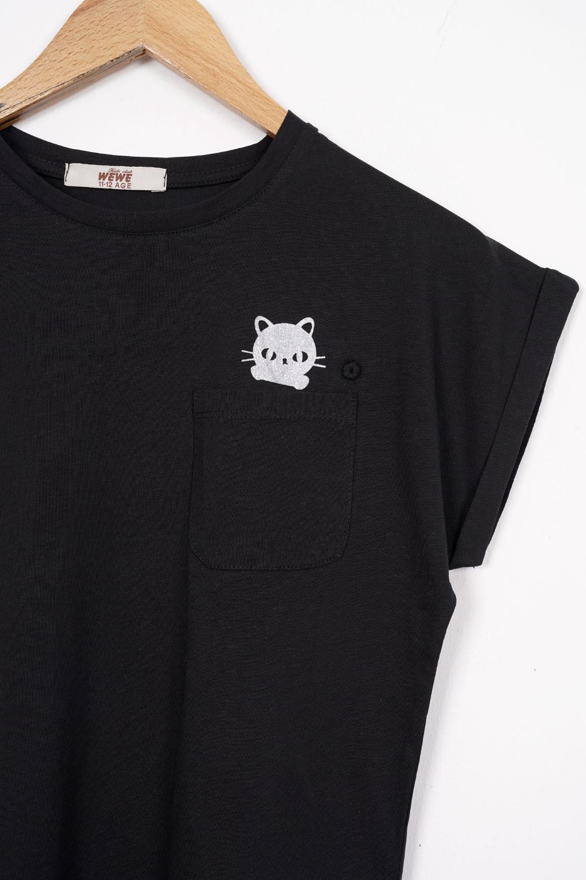Bisiklet Yaka Kısa Kol Cep Detaylı Simli Kedi Baskılı Siyah Renk Kız Çocuk Tshirt