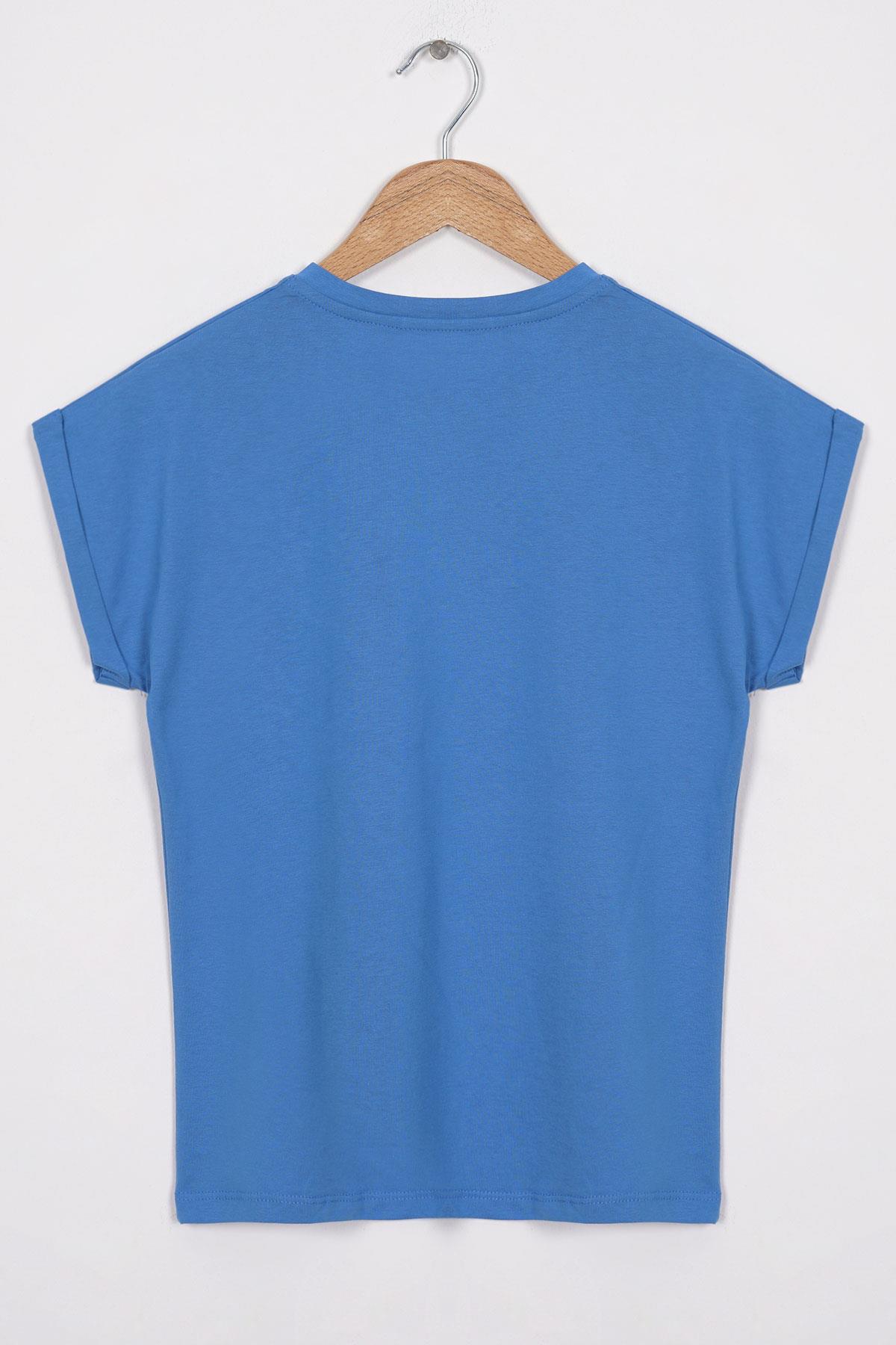 Bisiklet Yaka Kısa Kol Cep Detaylı Simli Kedi Baskılı İndigo Renk Kız Çocuk Tshirt