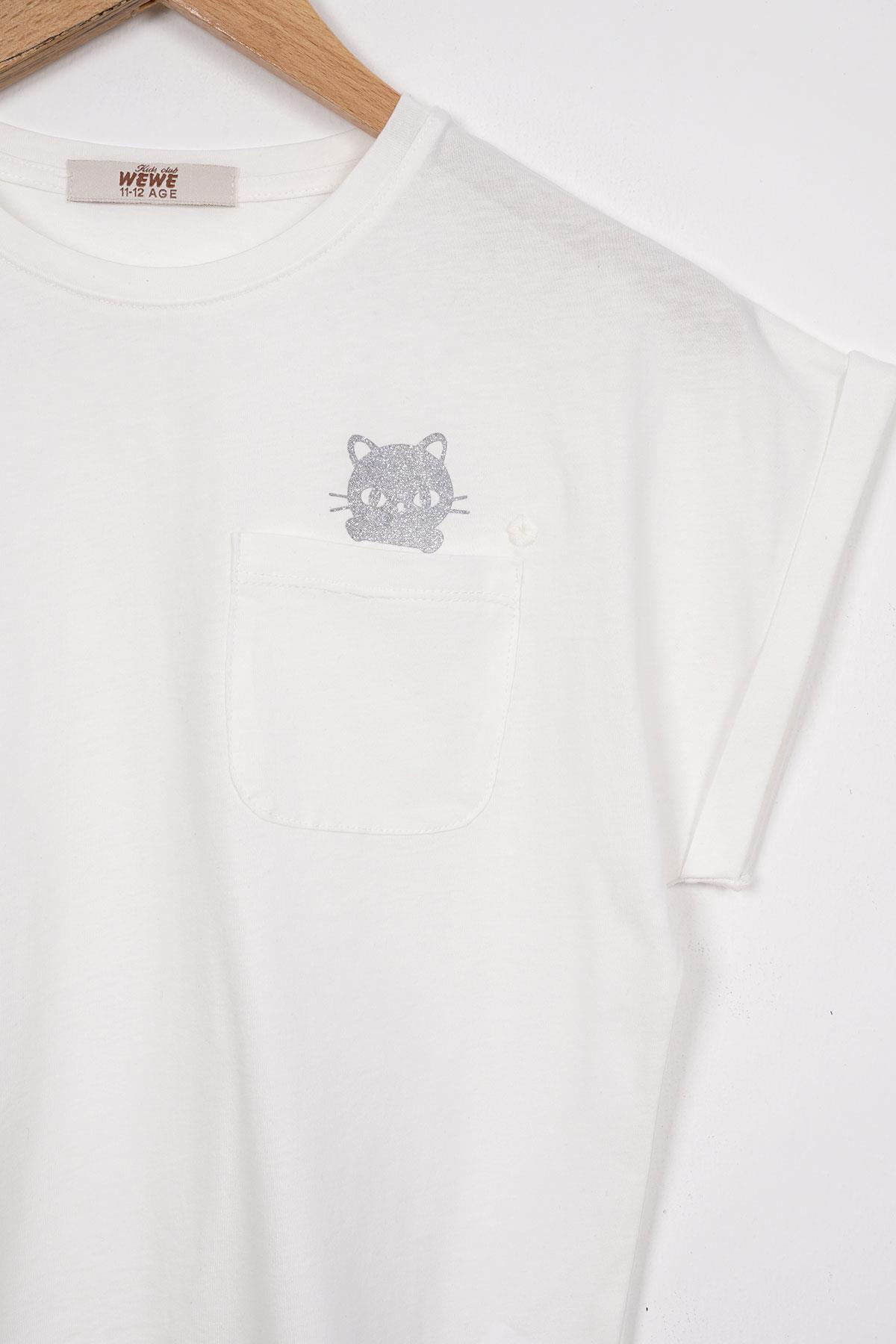 Bisiklet Yaka Kısa Kol Cep Detaylı Simli Kedi Baskılı Ekru Renk Kız Çocuk Tshirt