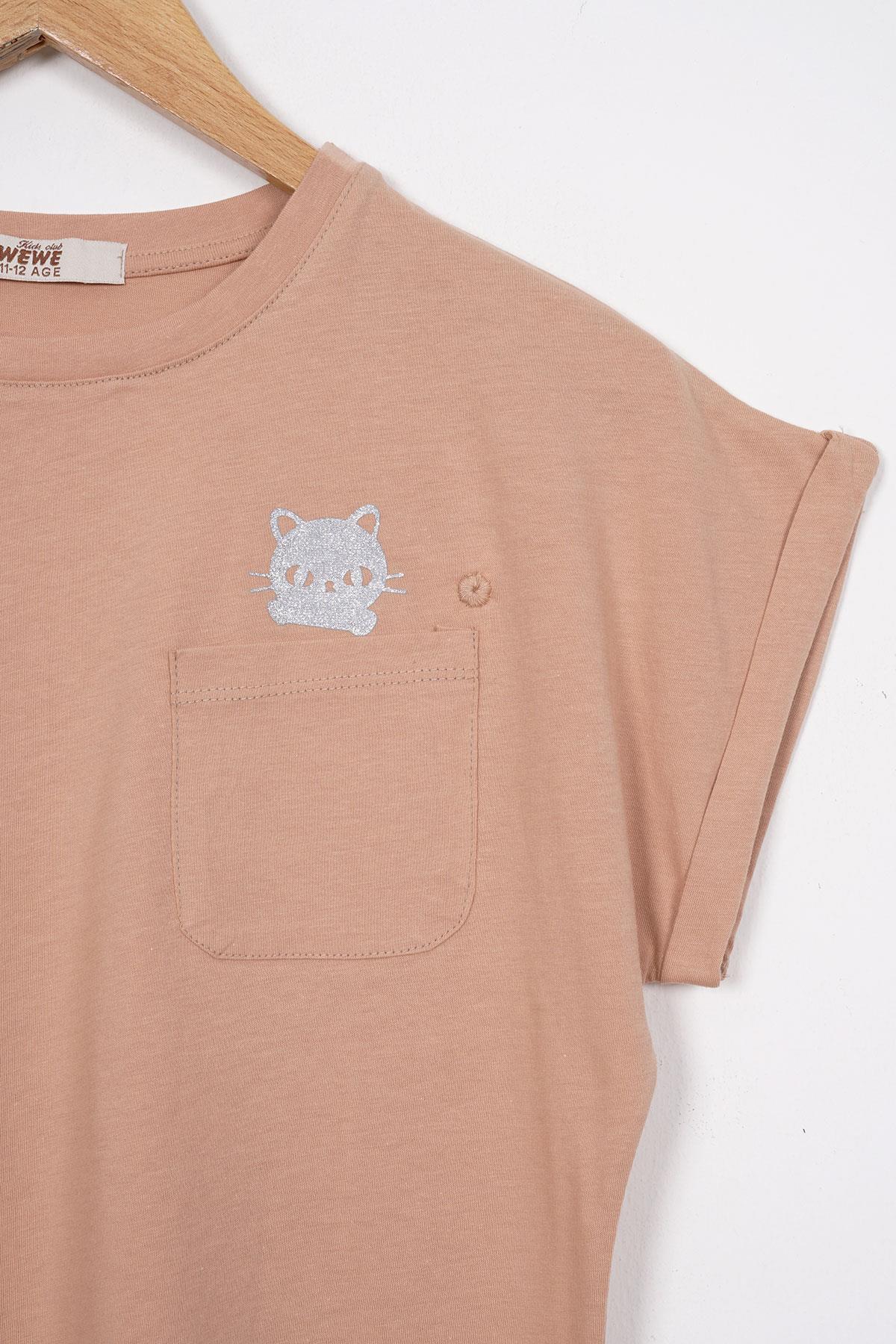 Bisiklet Yaka Kısa Kol Cep Detaylı Simli Kedi Baskılı Bej Renk Kız Çocuk Tshirt