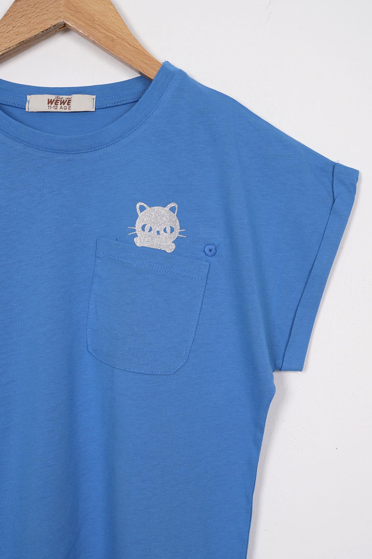 Bisiklet Yaka Kısa Kol Cep Detaylı Simli Kedi Baskılı İndigo Renk Kız Çocuk Tshirt