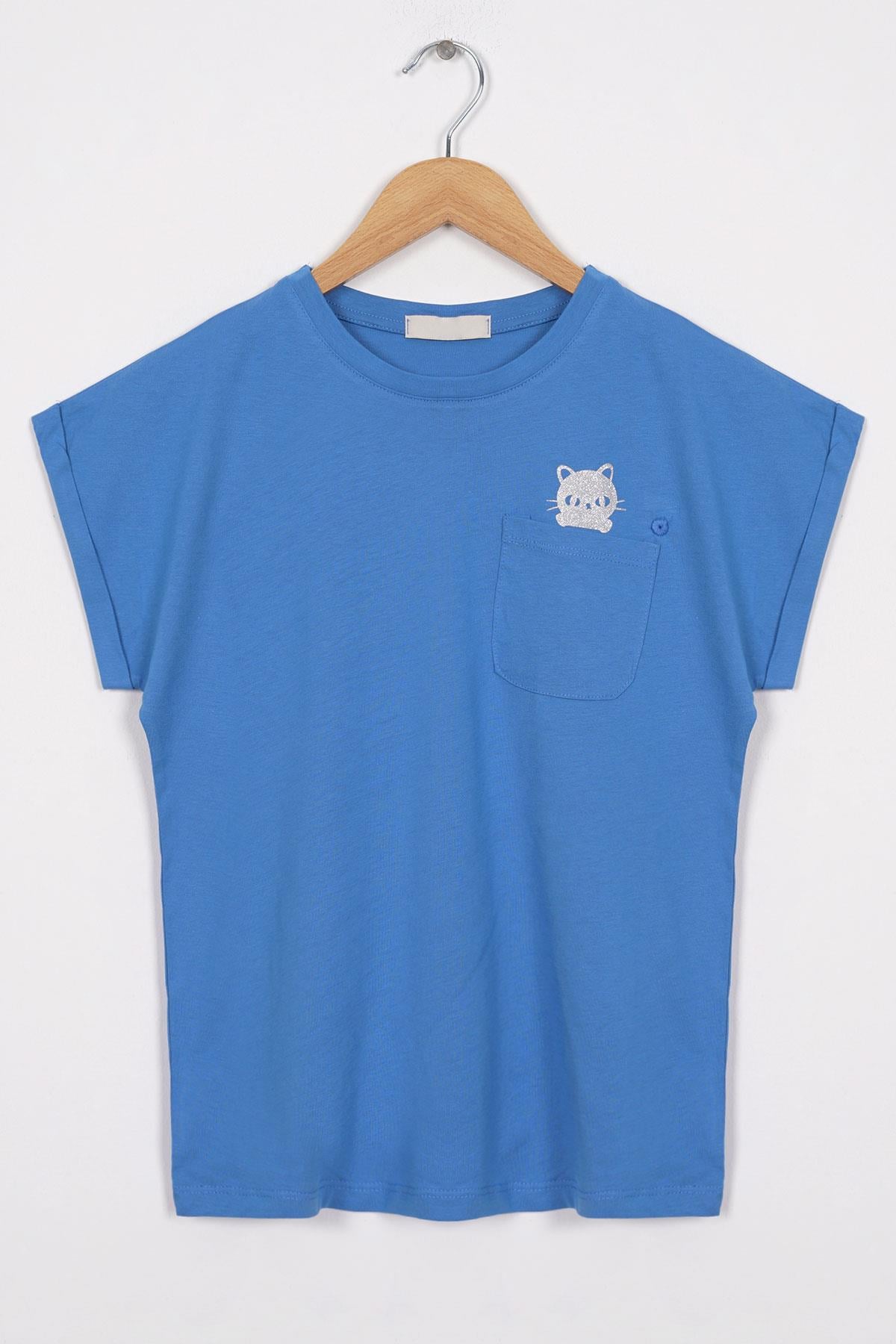 Bisiklet Yaka Kısa Kol Cep Detaylı Simli Kedi Baskılı İndigo Renk Kız Çocuk Tshirt