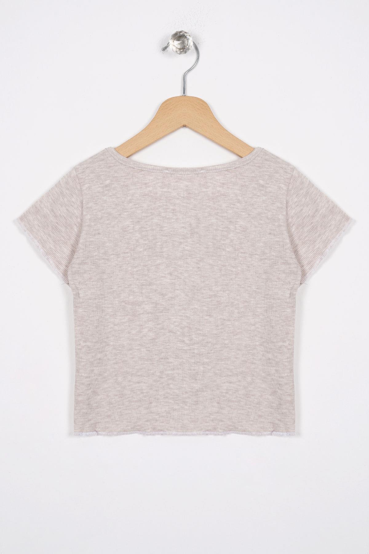 Bisiklet Yaka Kısa Kol Fitilli Bej Melanj Renk Kız Çocuk Tshirt