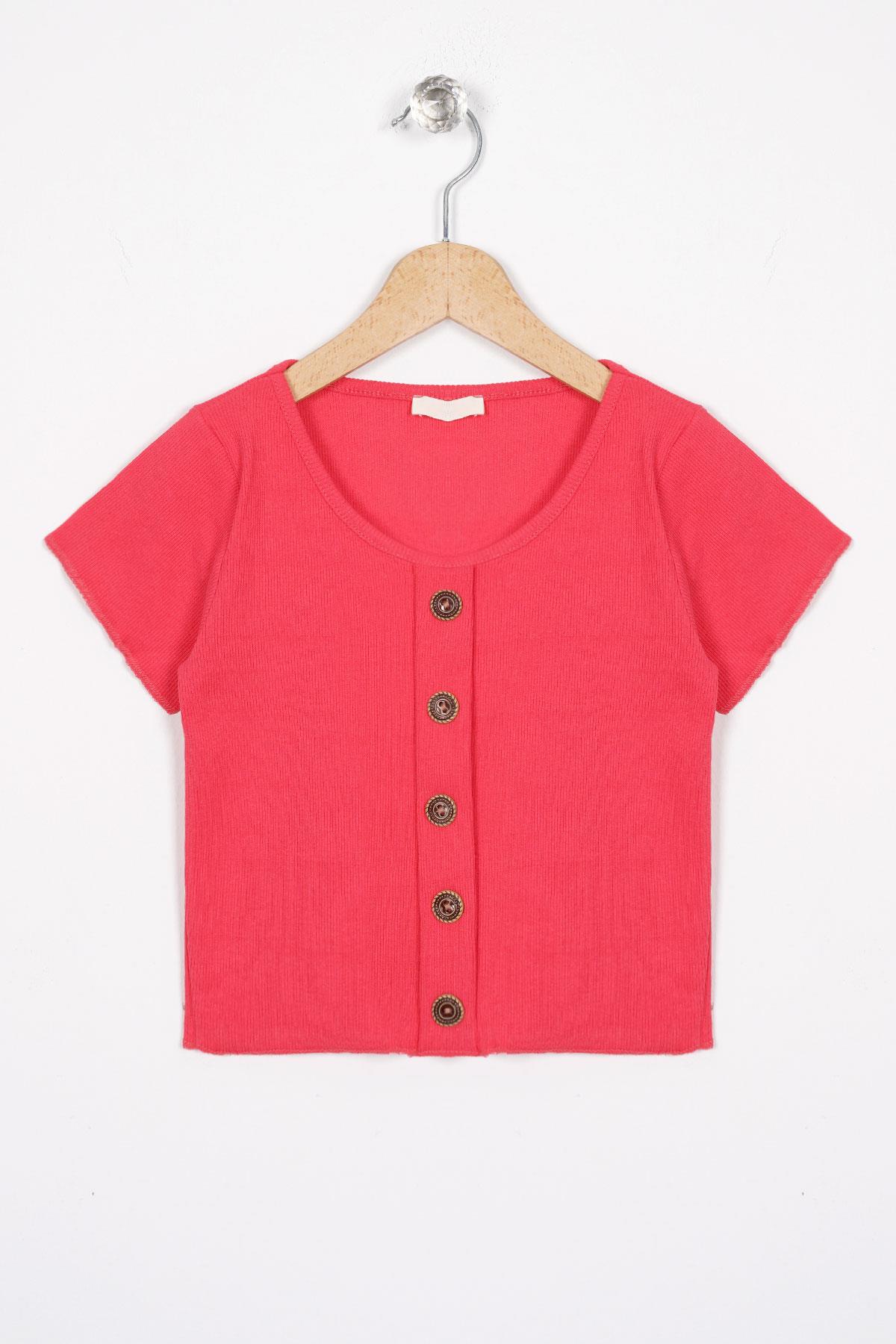 Bisiklet Yaka Kısa Kol Fitilli Pembe Renk Kız Çocuk Tshirt