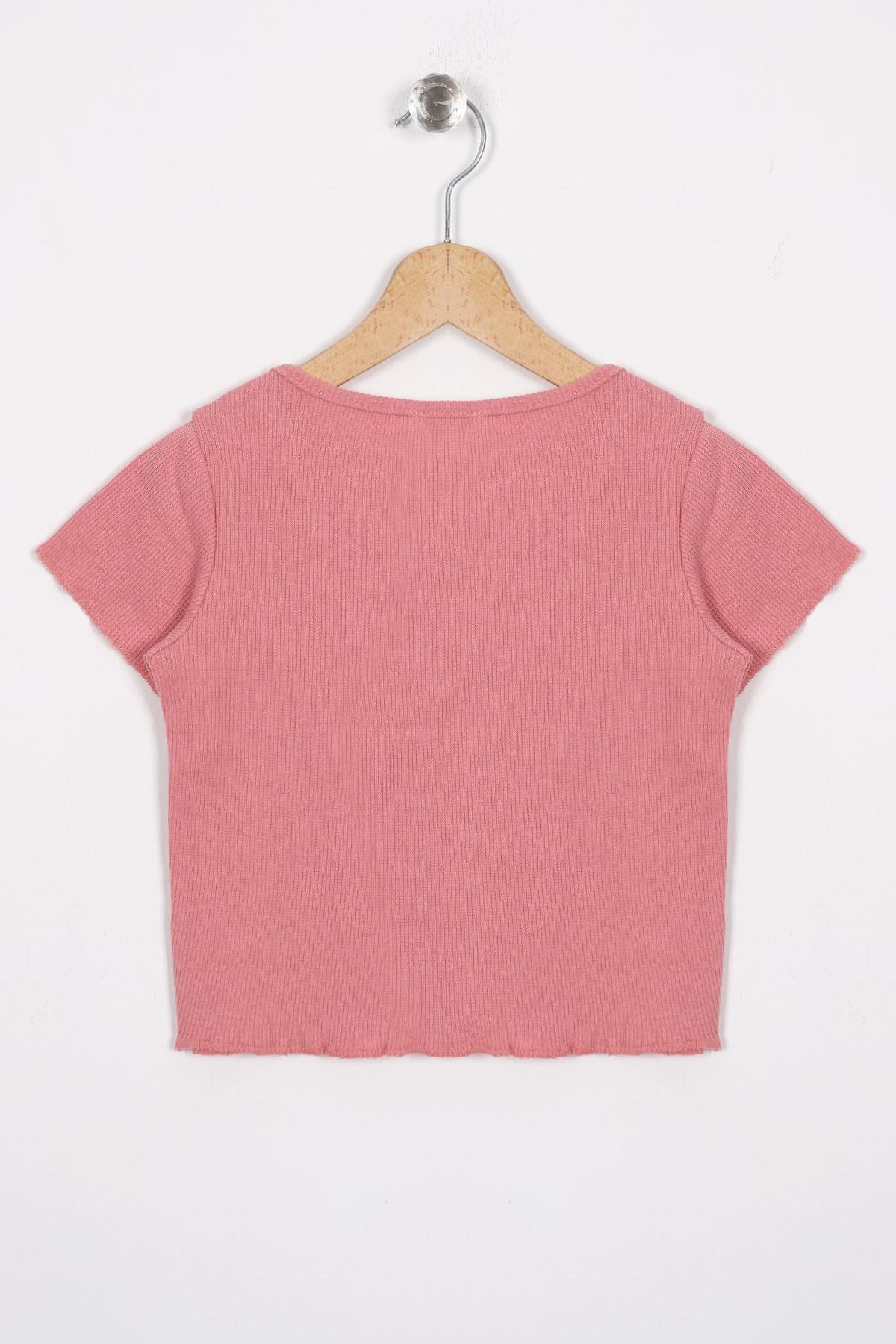 Bisiklet Yaka Kısa Kol Fitilli Pudra Renk Kız Çocuk Tshirt