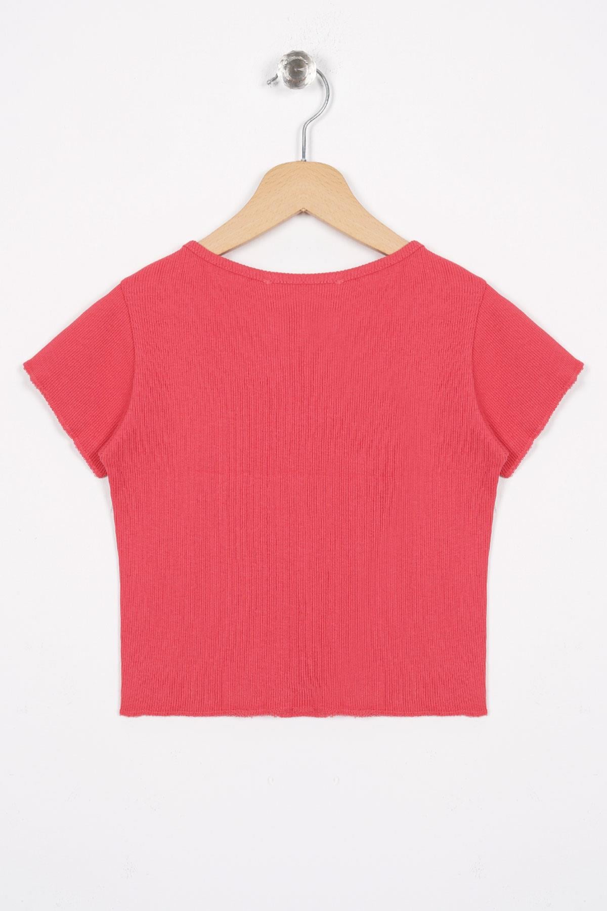 Bisiklet Yaka Kısa Kol Fitilli Somon Renk Kız Çocuk Tshirt